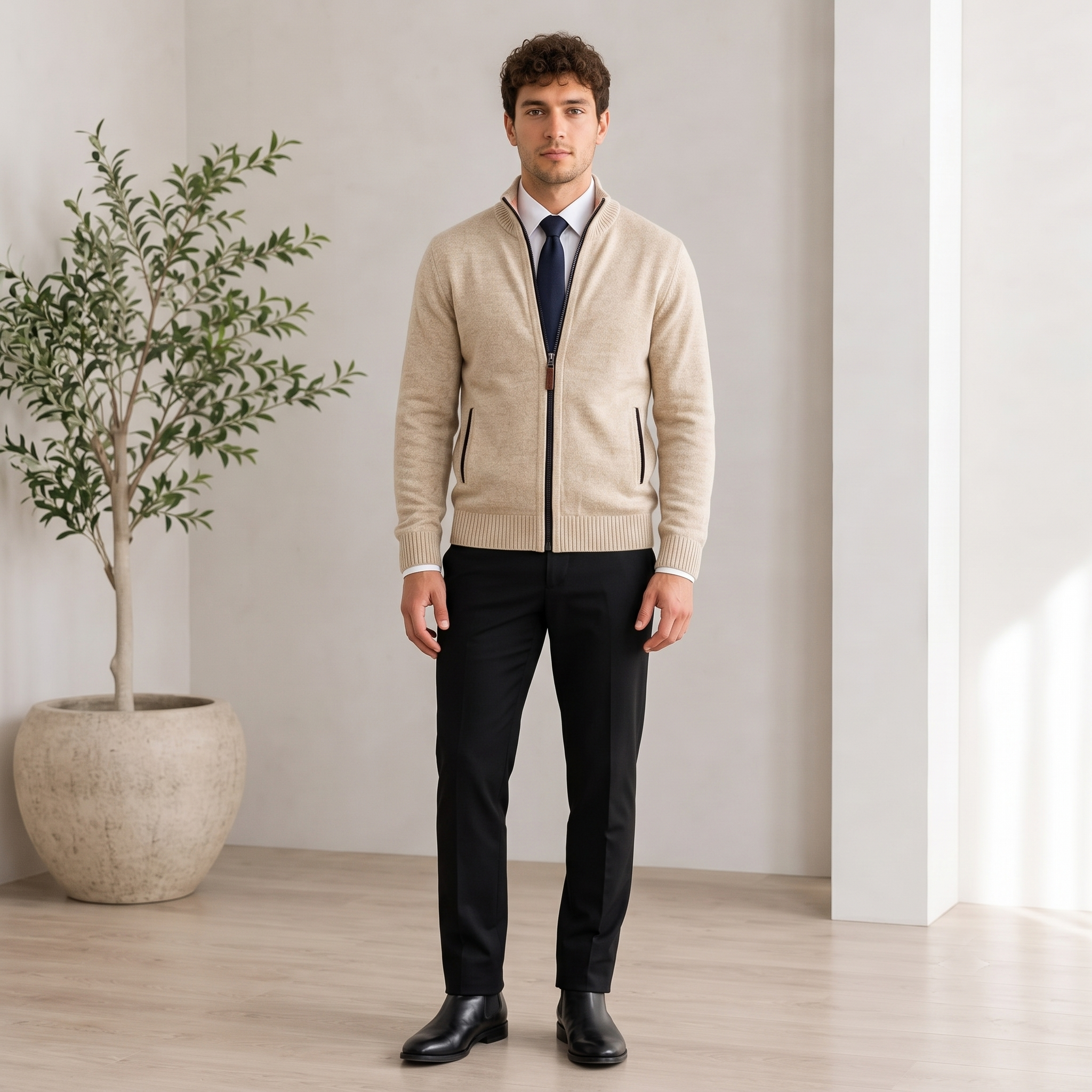 Textured Knit Jacket Zip Front Men