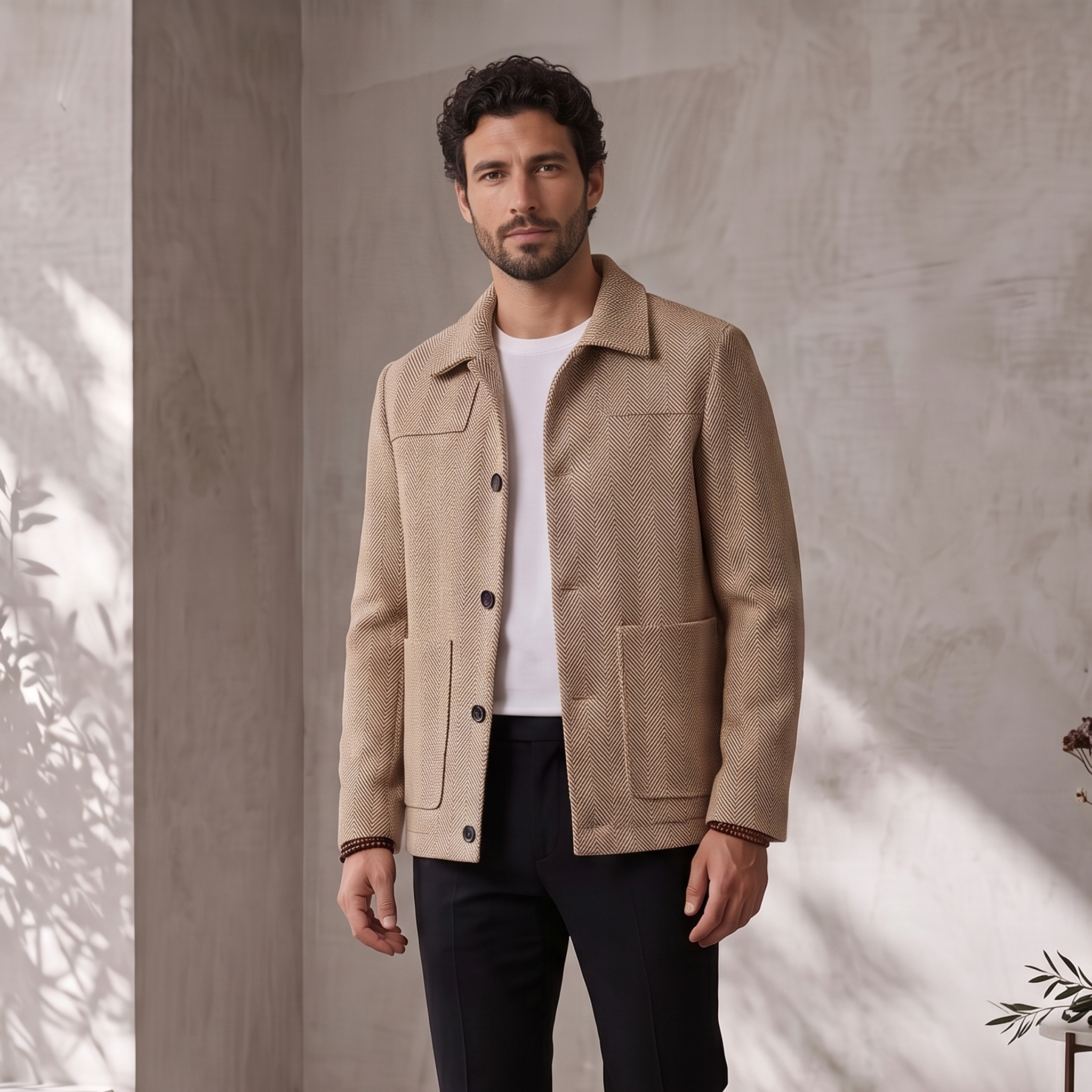 Men's textured woven jacket with button closure and classic collar