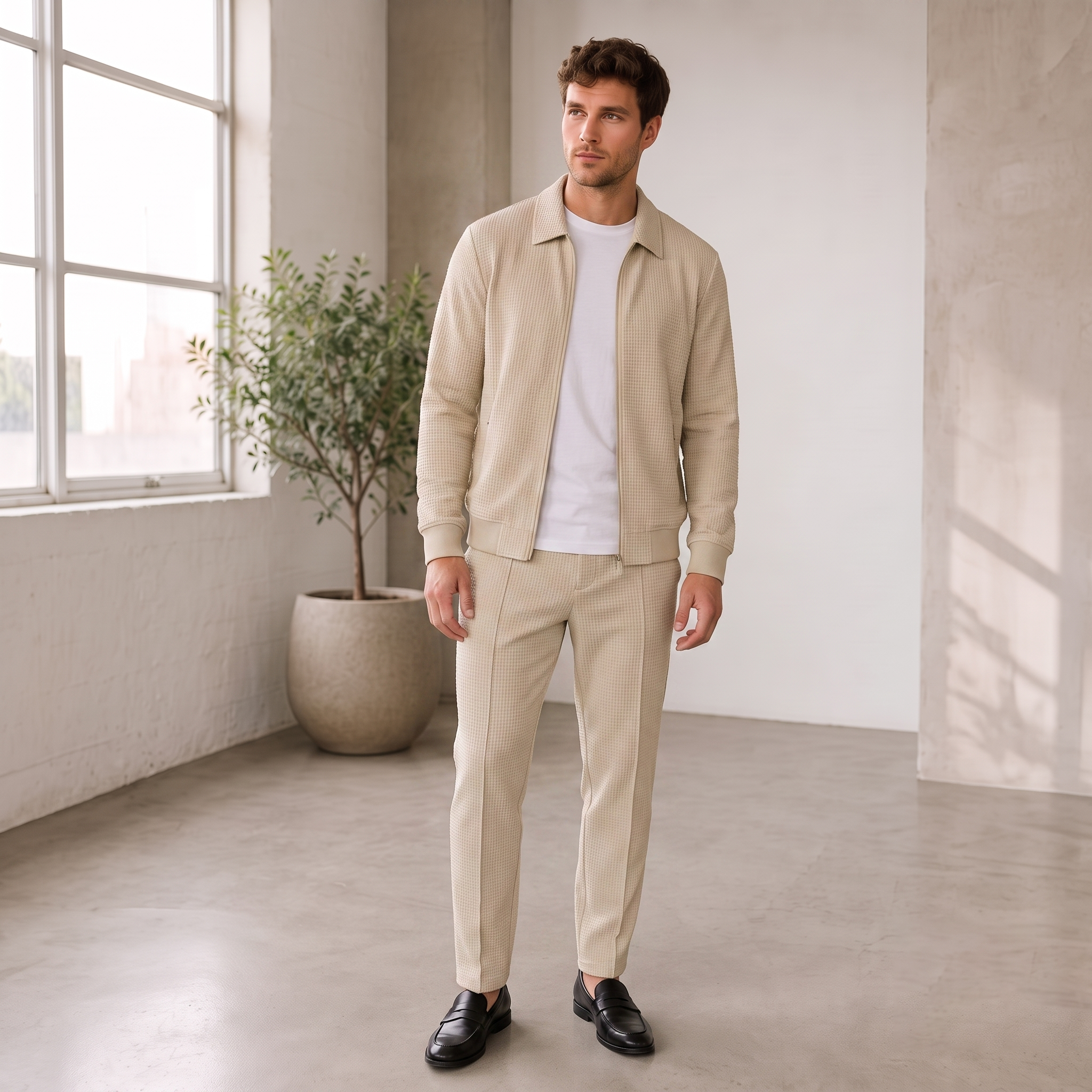 Men's two-piece textured set featuring a zip-up jacket with side pockets and matching tapered pants