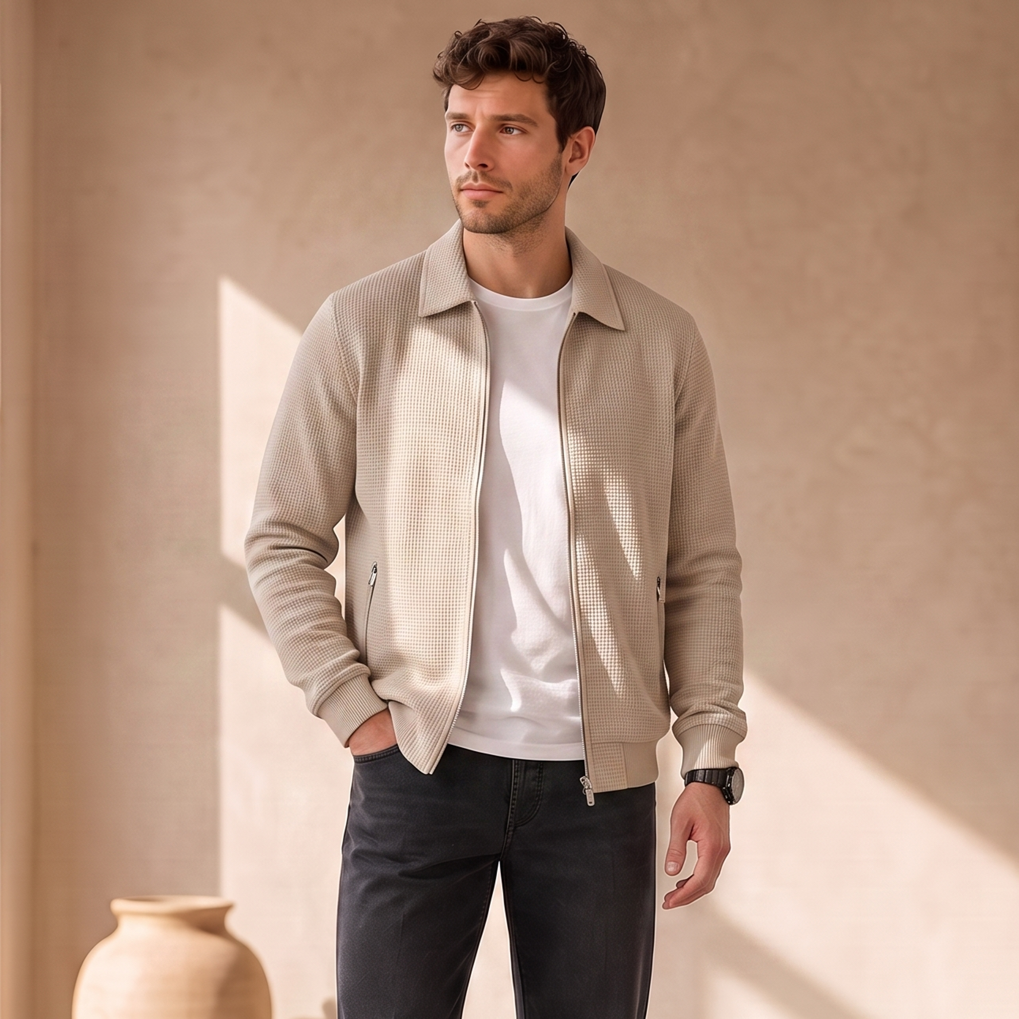 Men's knitted jacket with front zipper, classic collar, ribbed cuffs, and zippered side pockets