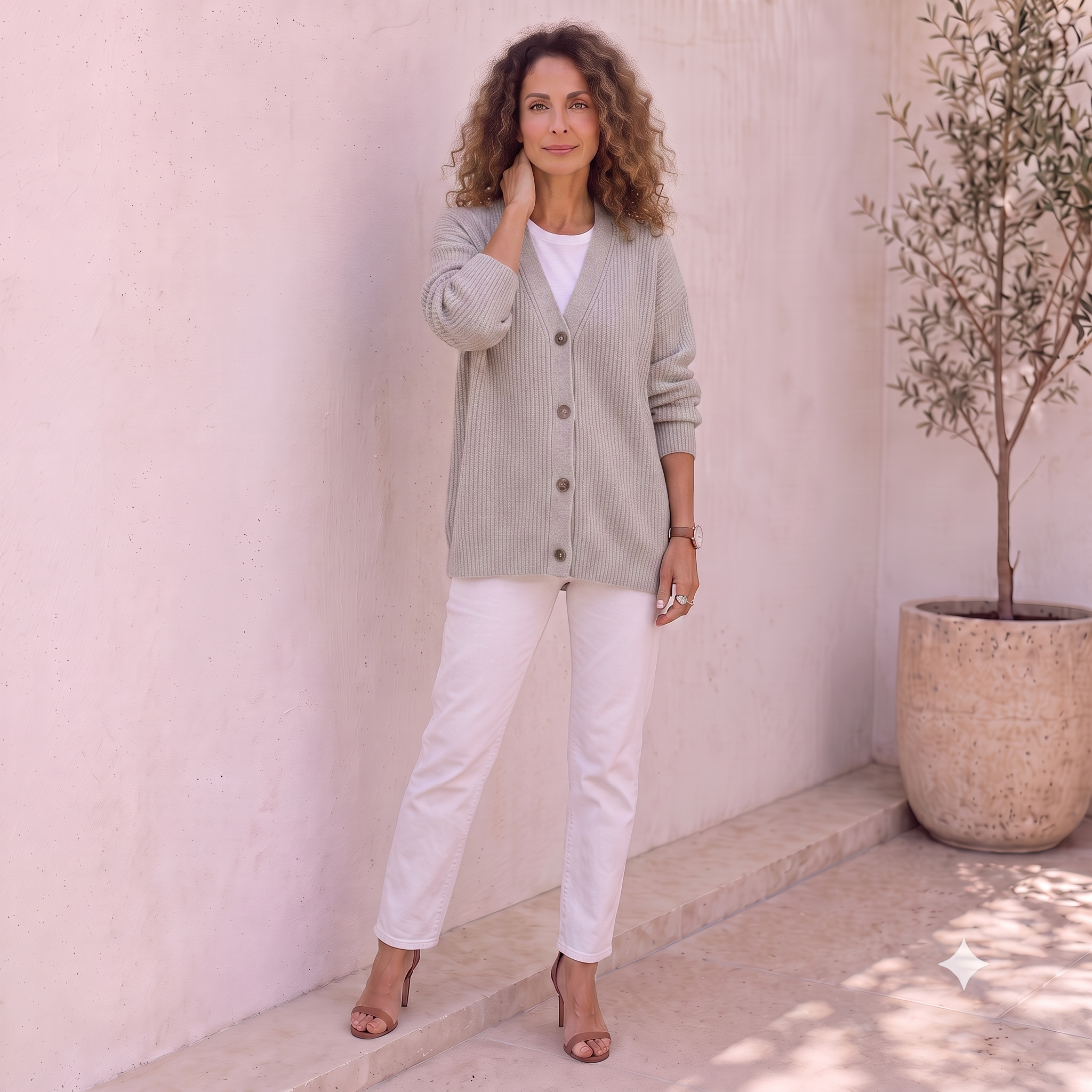 Women's rib-knit cardigan with V-neck and front button closure in a relaxed fit