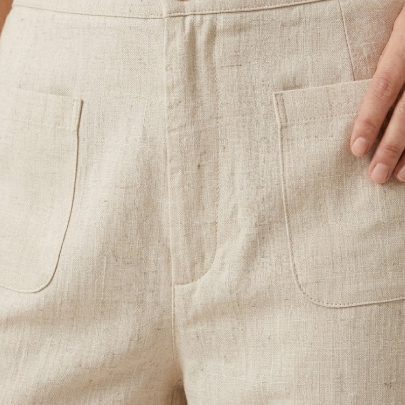 Structured waistband and front pockets detail on women's straight-leg pants