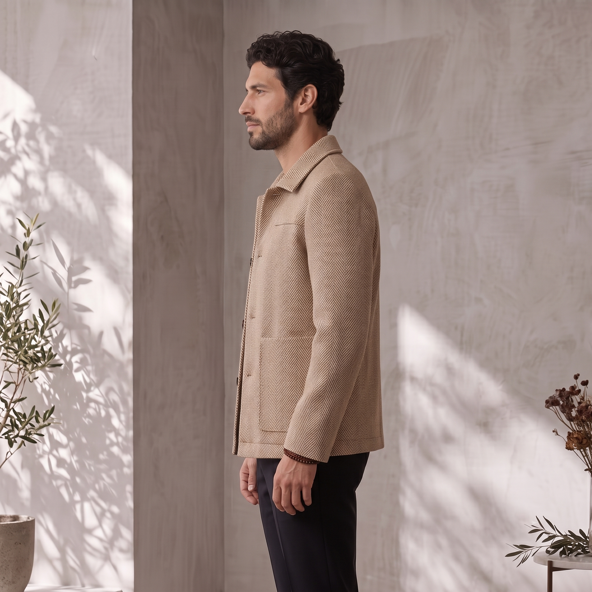 Men's structured jacket with patch front pockets and long sleeves