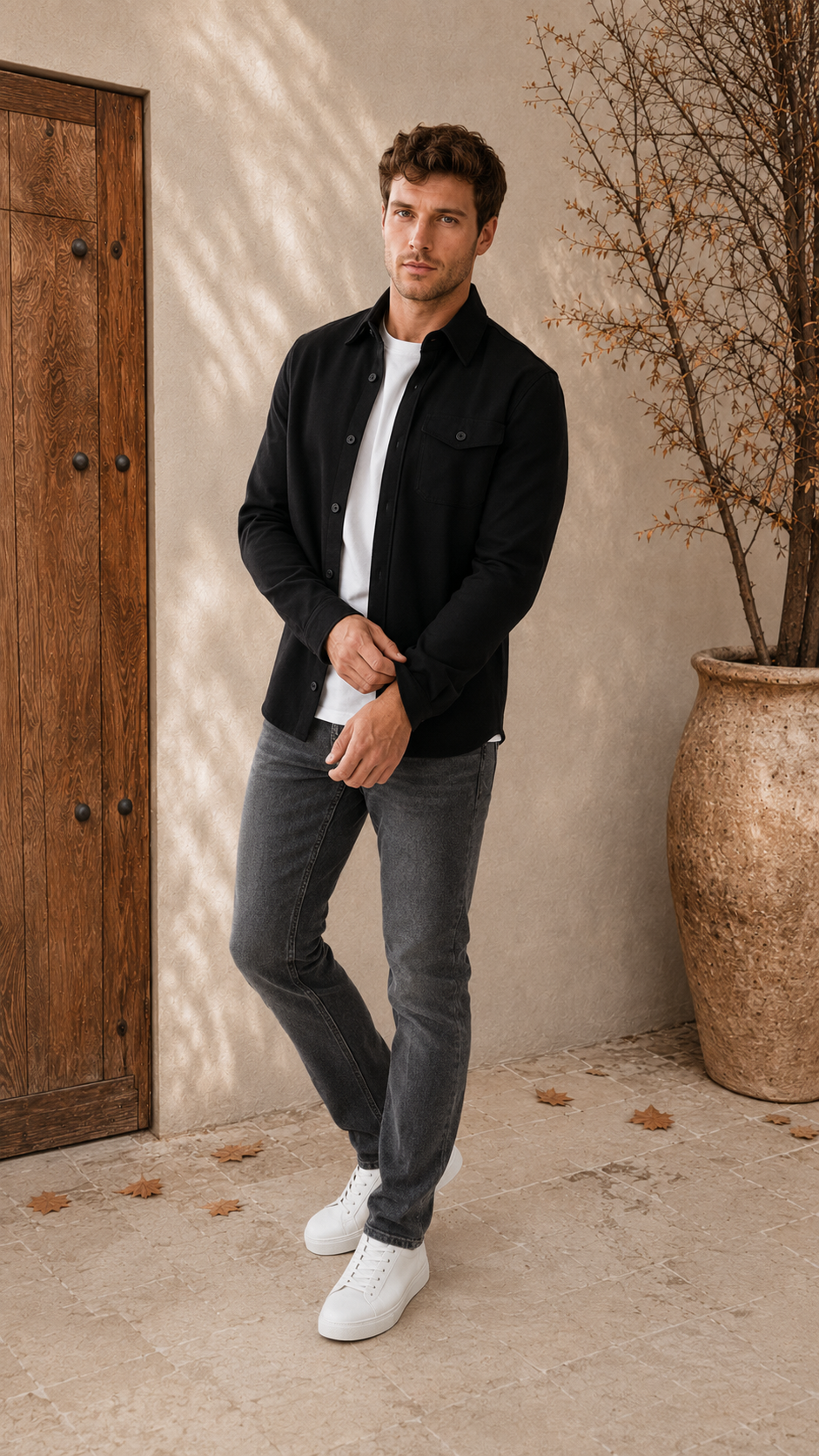 Men's black classic overshirt jacket front view