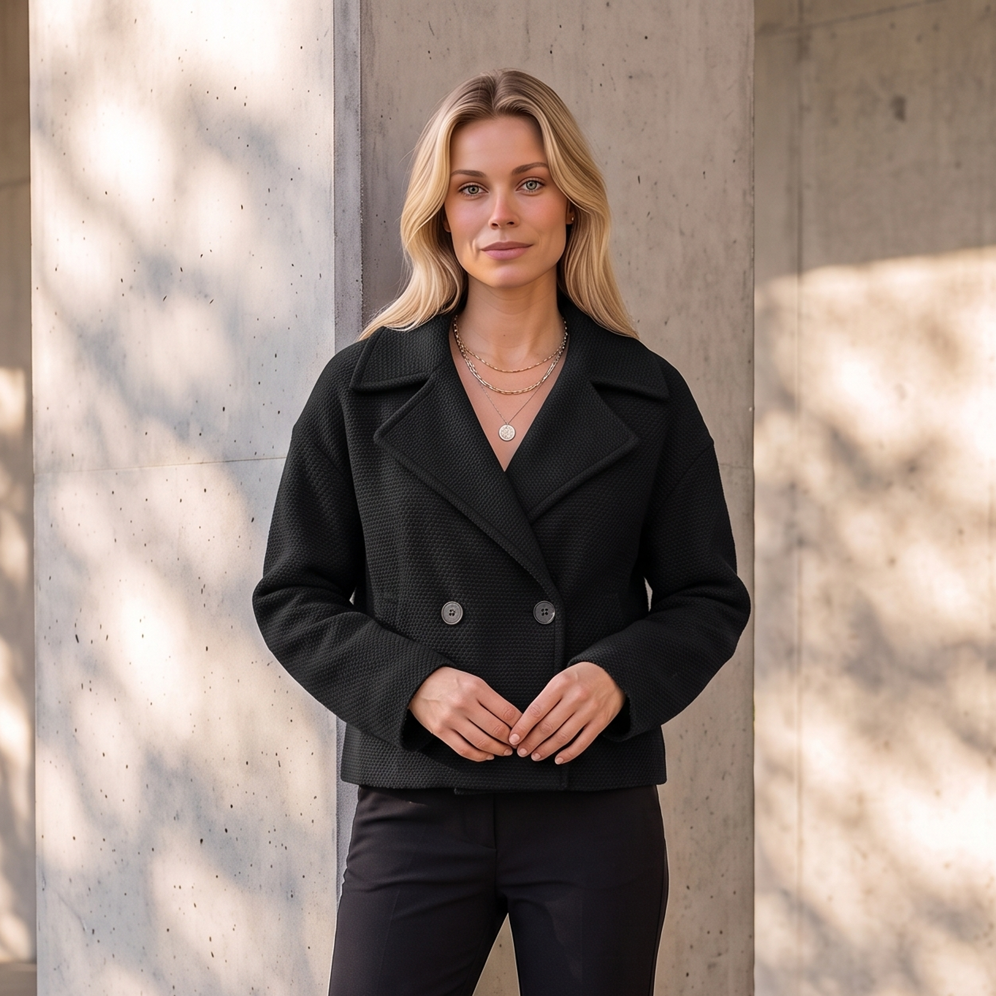 Short double-breasted women's coat with long sleeves and smooth panel construction