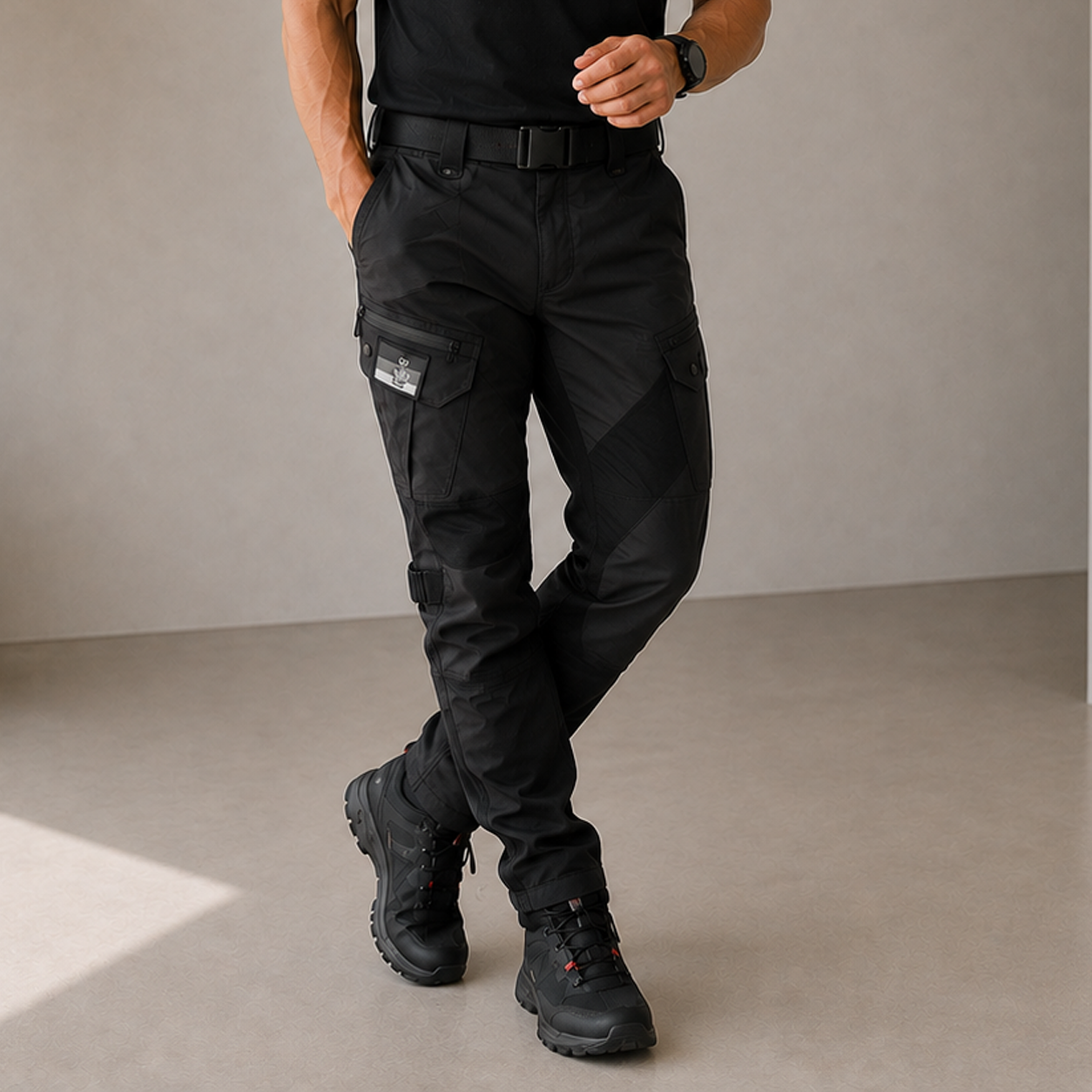 Men's tactical cargo pants with structured waistband and multi-pocket design