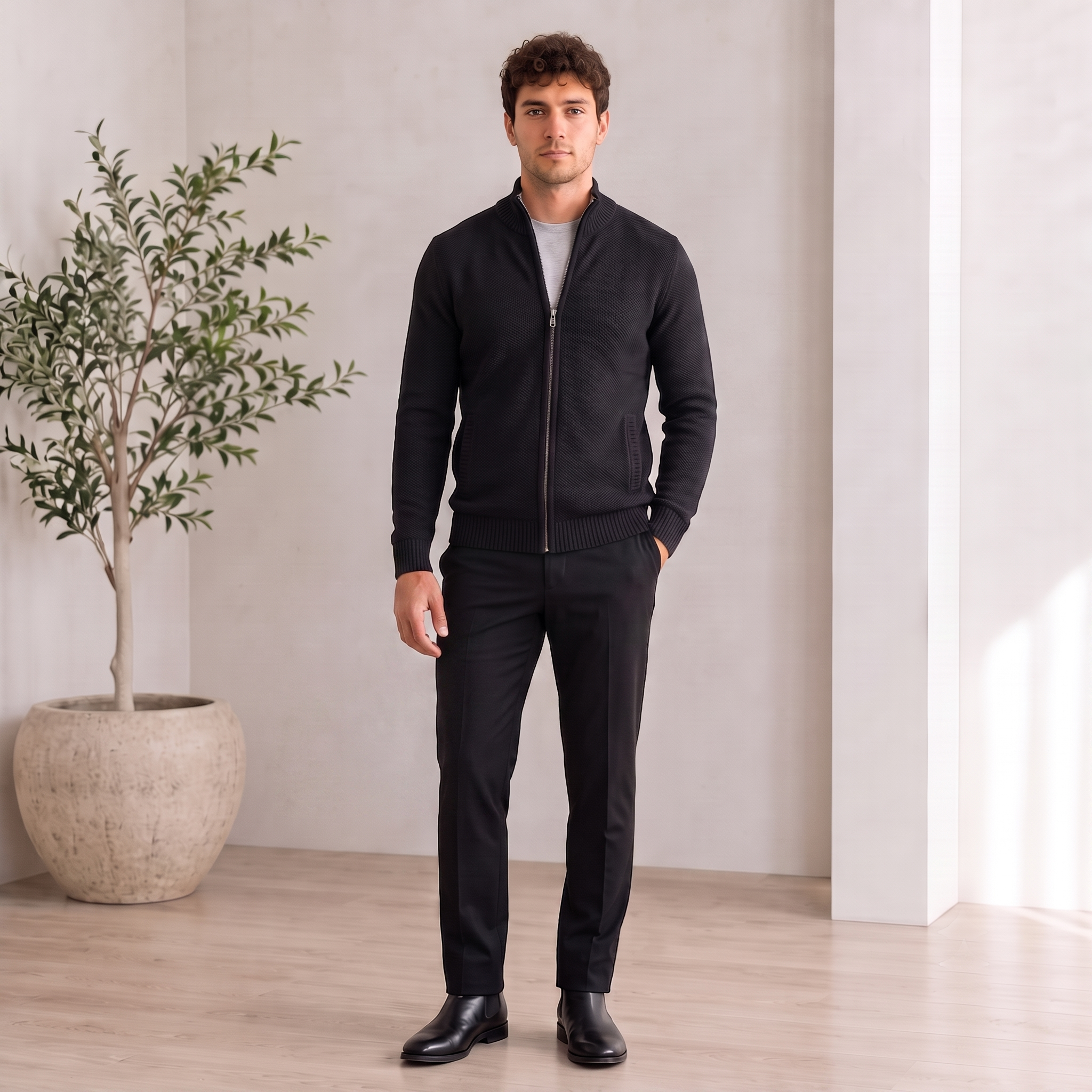 Textured Knit Jacket Zip Front Men
