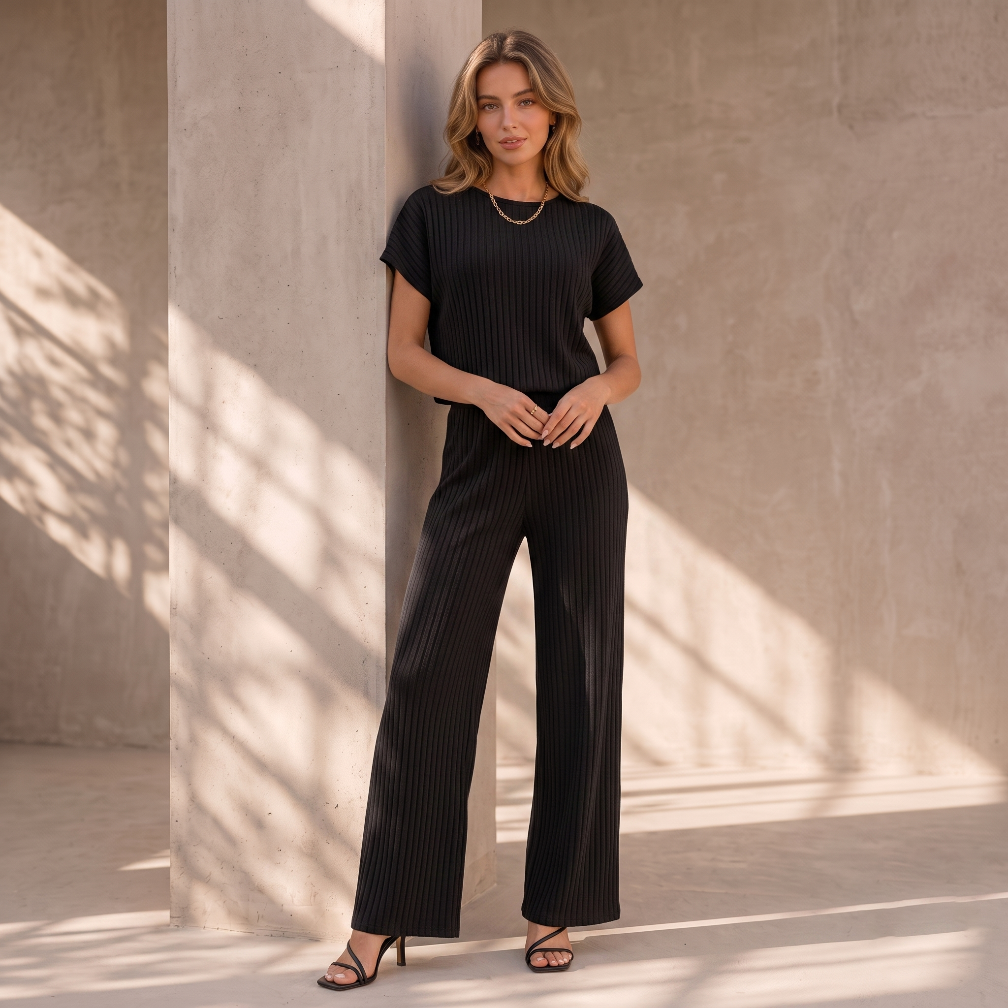 Ribbed Matching Set Wide Leg Women