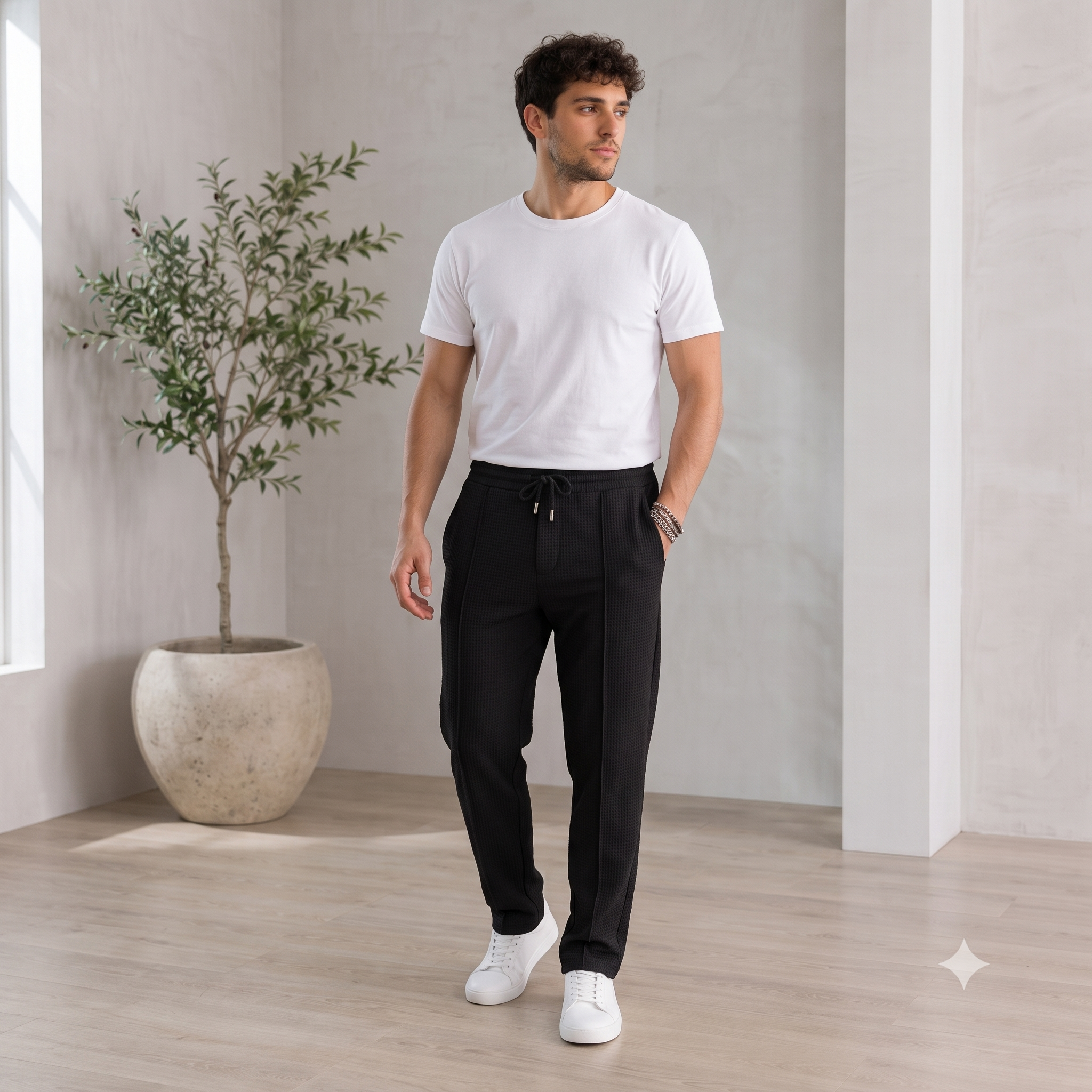 Men's tapered trousers with elastic waist and adjustable drawstring