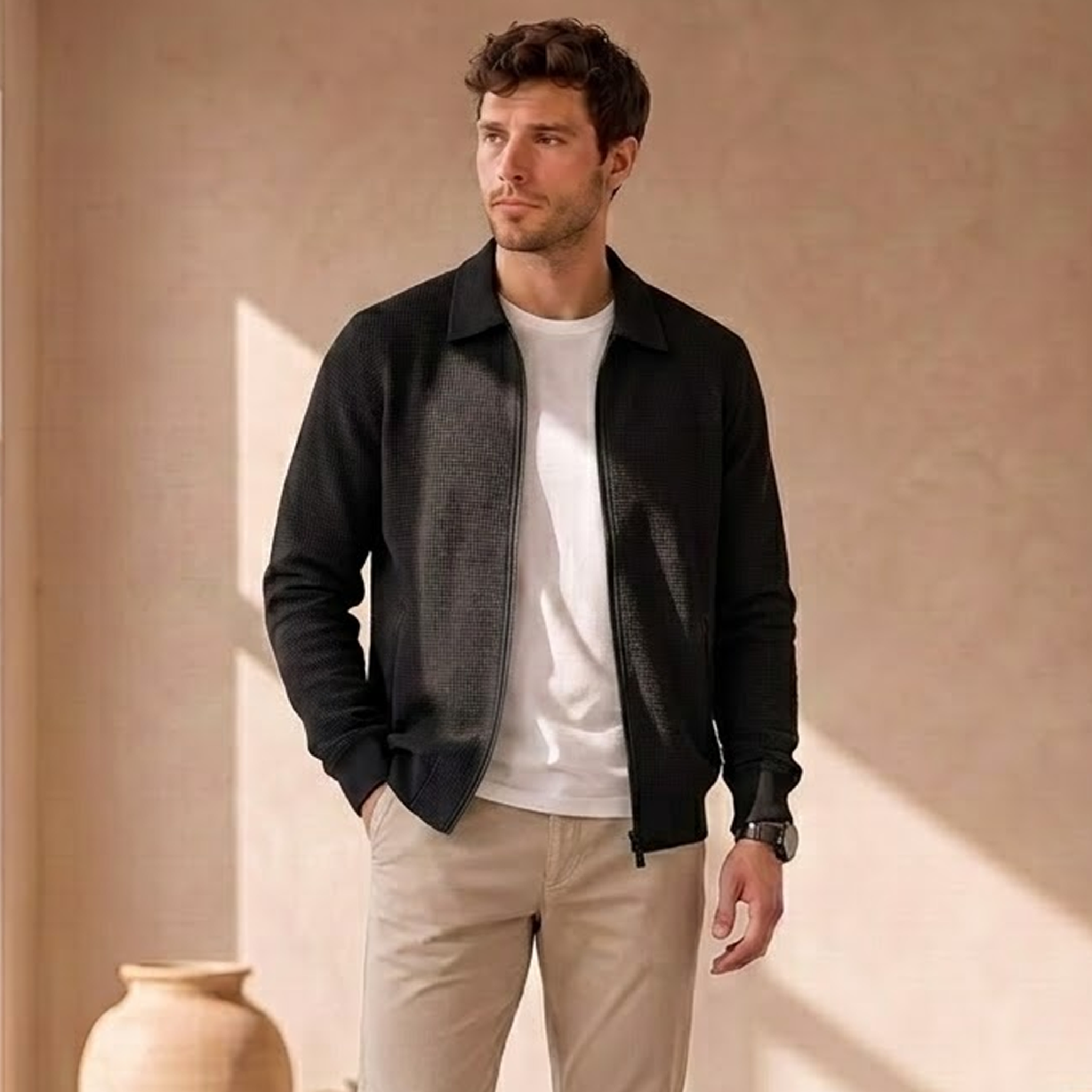 Men's regular-fit knitted jacket with zippered side pockets and ribbed hem