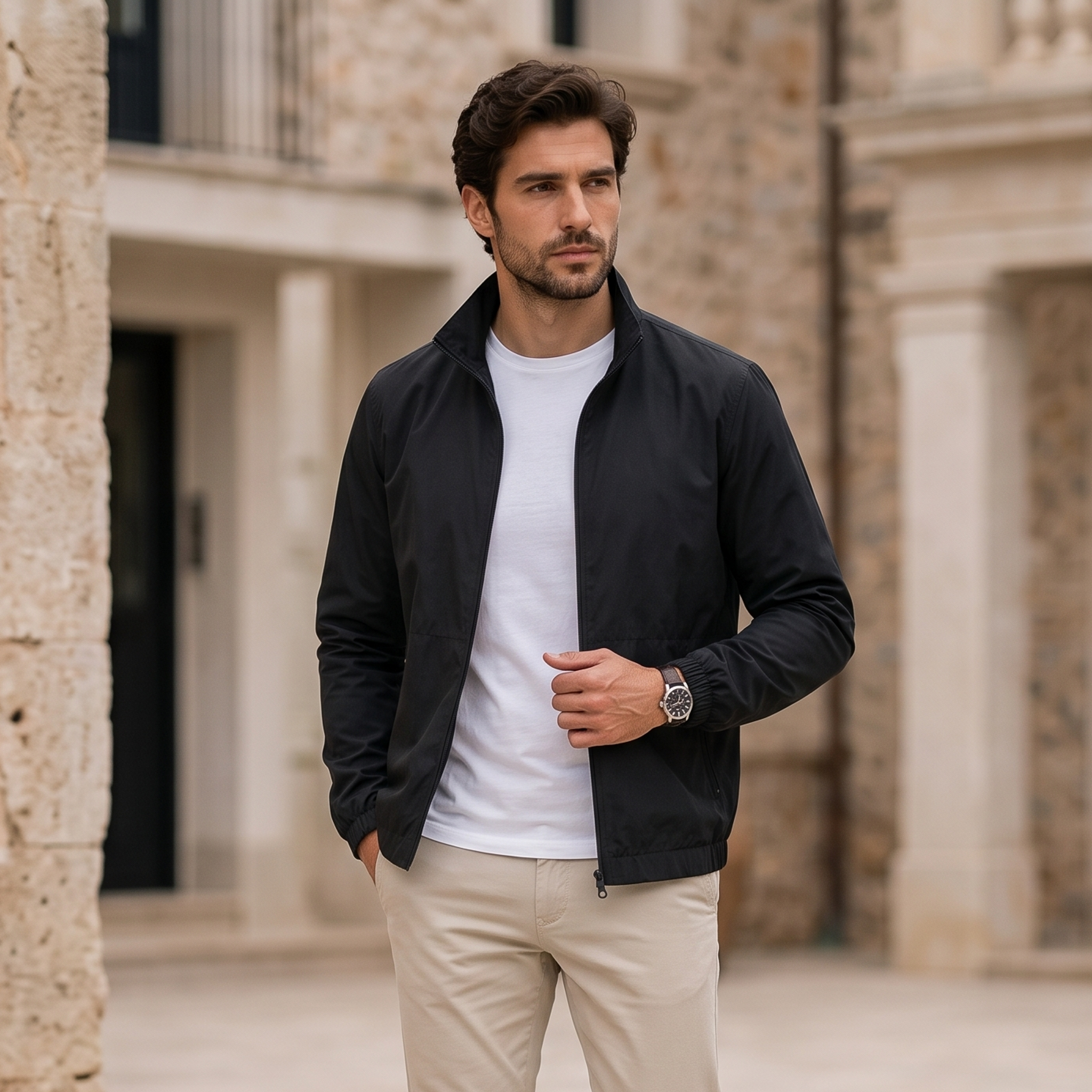 Men's lightweight zip-up jacket with stand-up collar, elastic cuffs, and side zip pockets