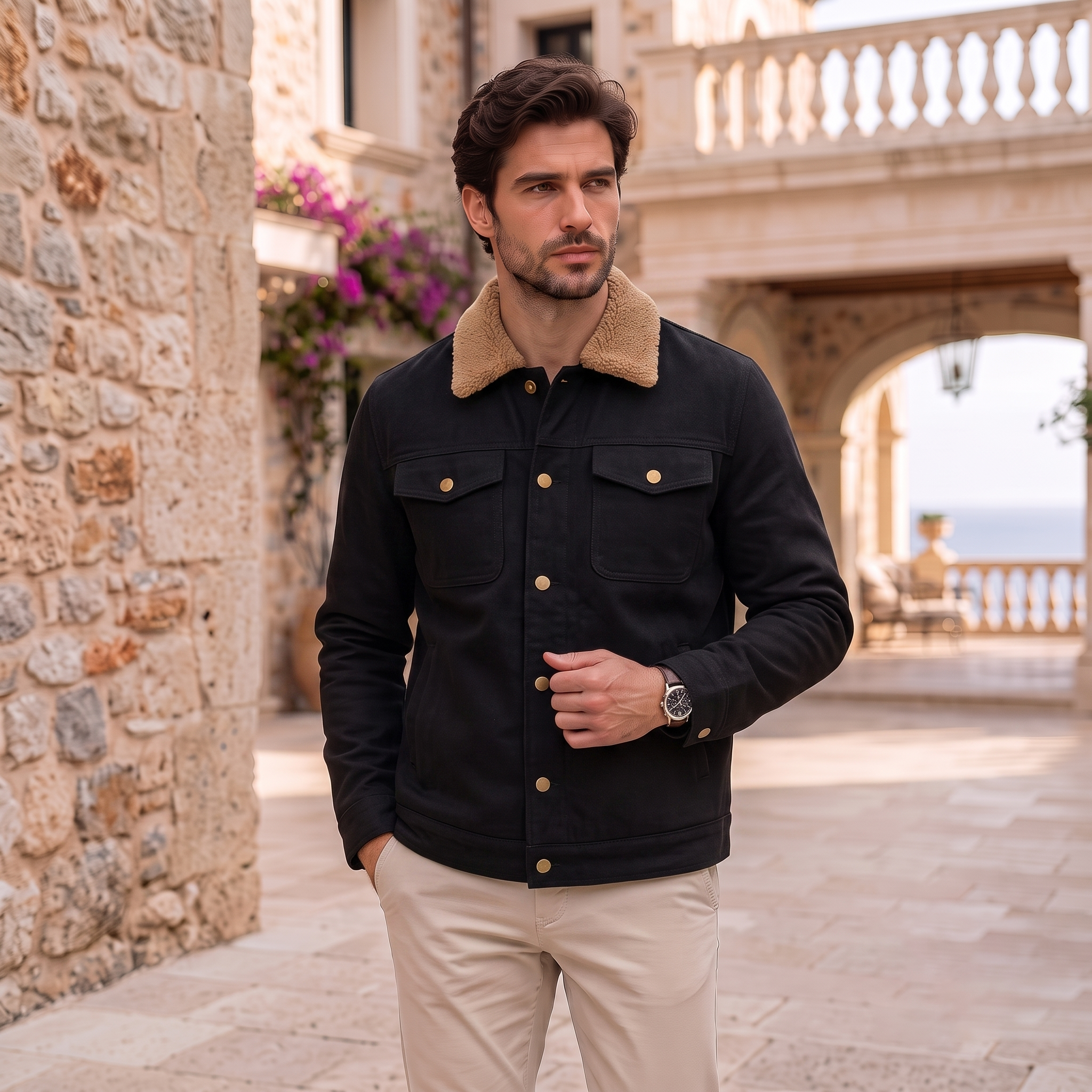 Men's short jacket with paneled construction, buttoned cuffs, chest pockets, and side pockets