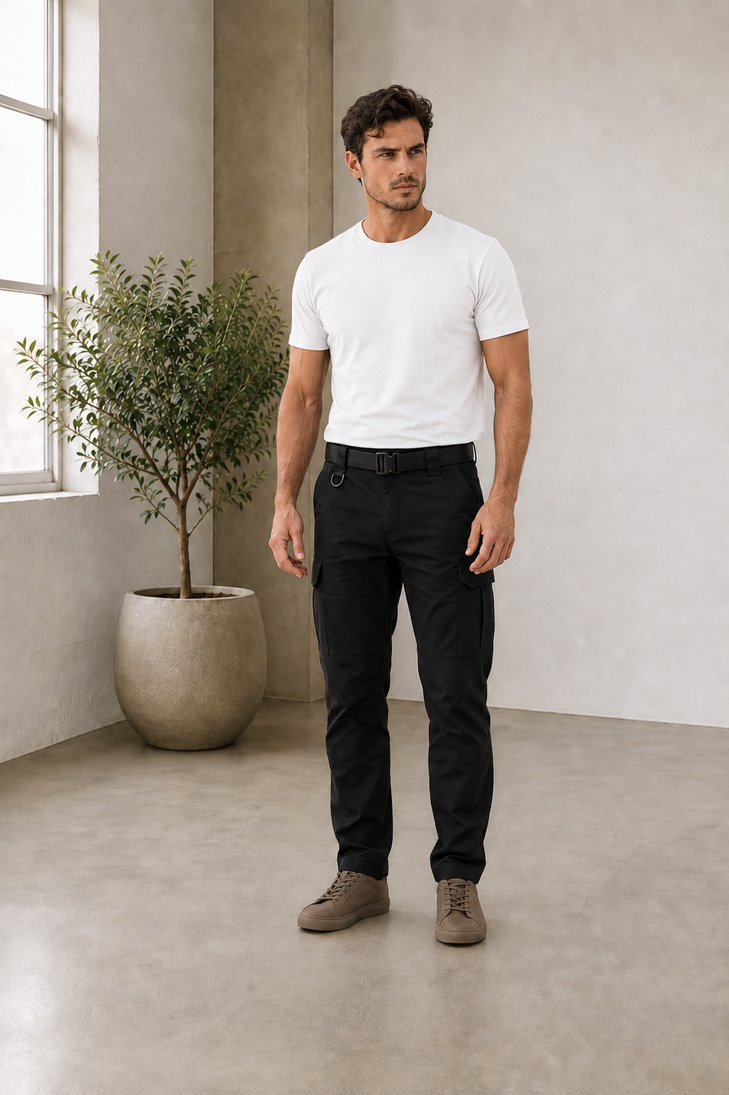 Men's cargo pants with straight leg fit, zipper closure, and side cargo pockets