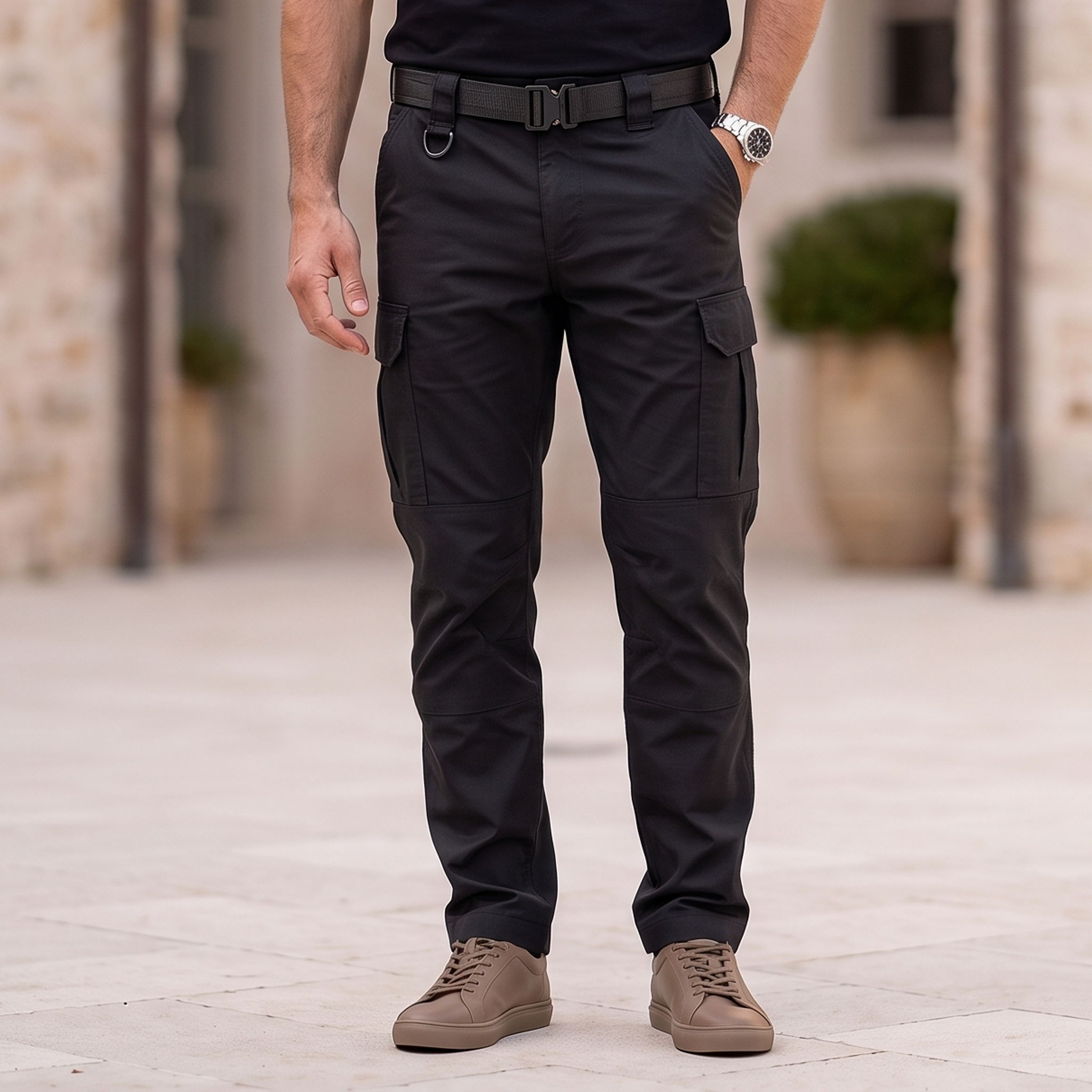 Men's cargo pants with straight leg fit, zipper closure, and side cargo pockets