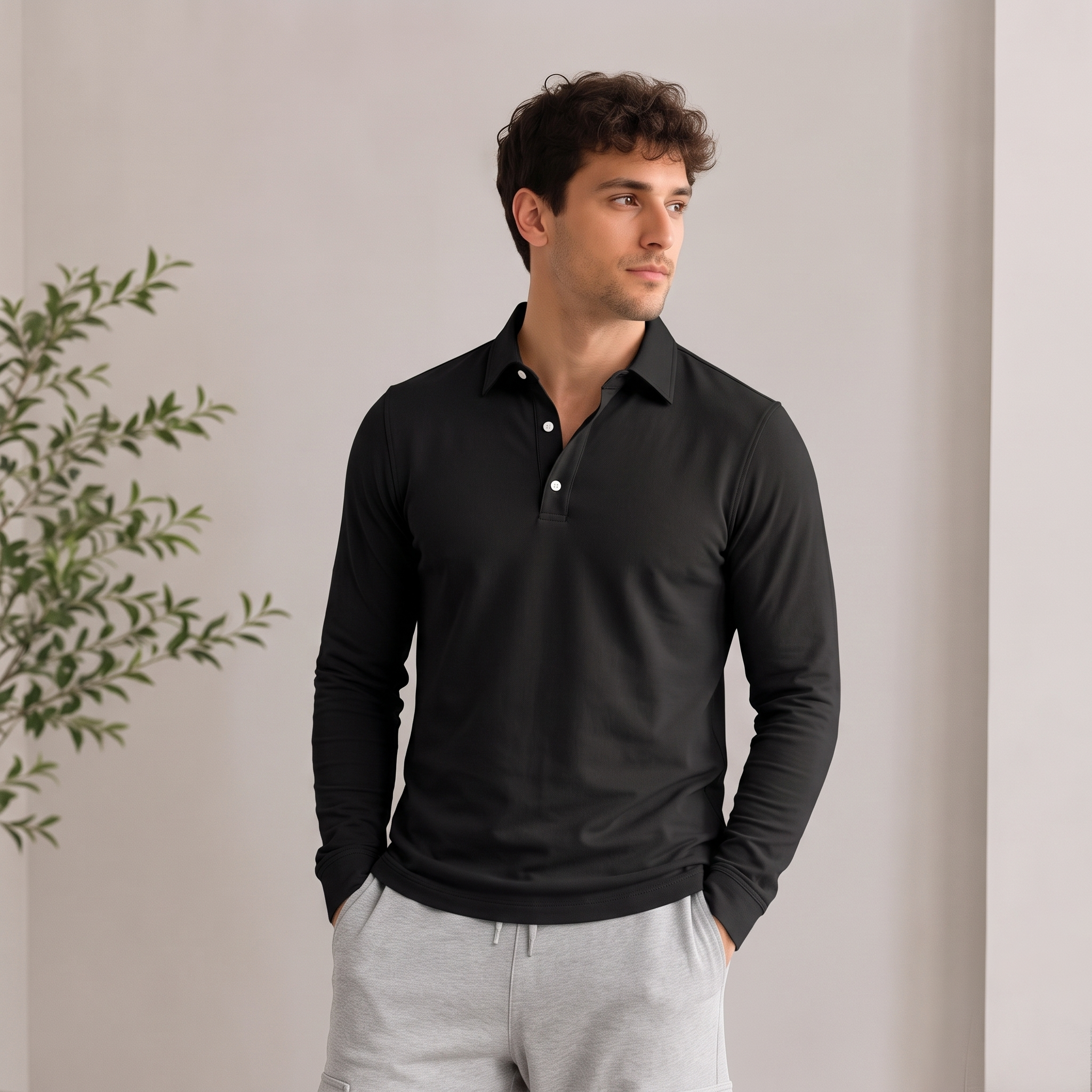 Long-sleeved men's polo shirt with structured silhouette and smooth knit fabric