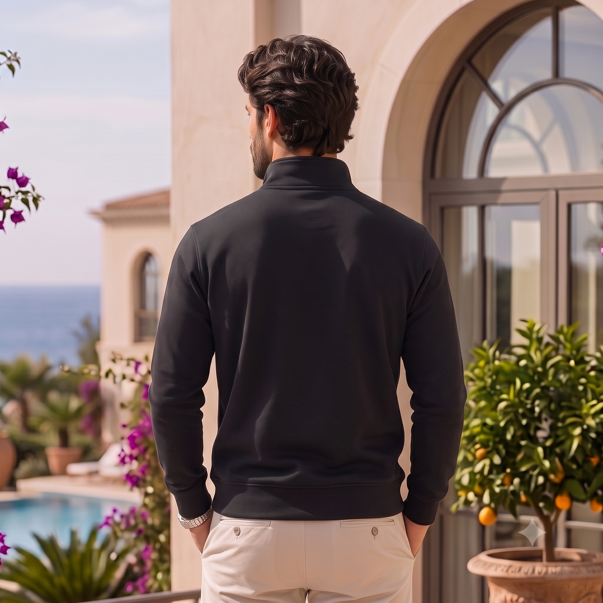 Knitted men's sweater with half-zip neckline and long ribbed sleeves