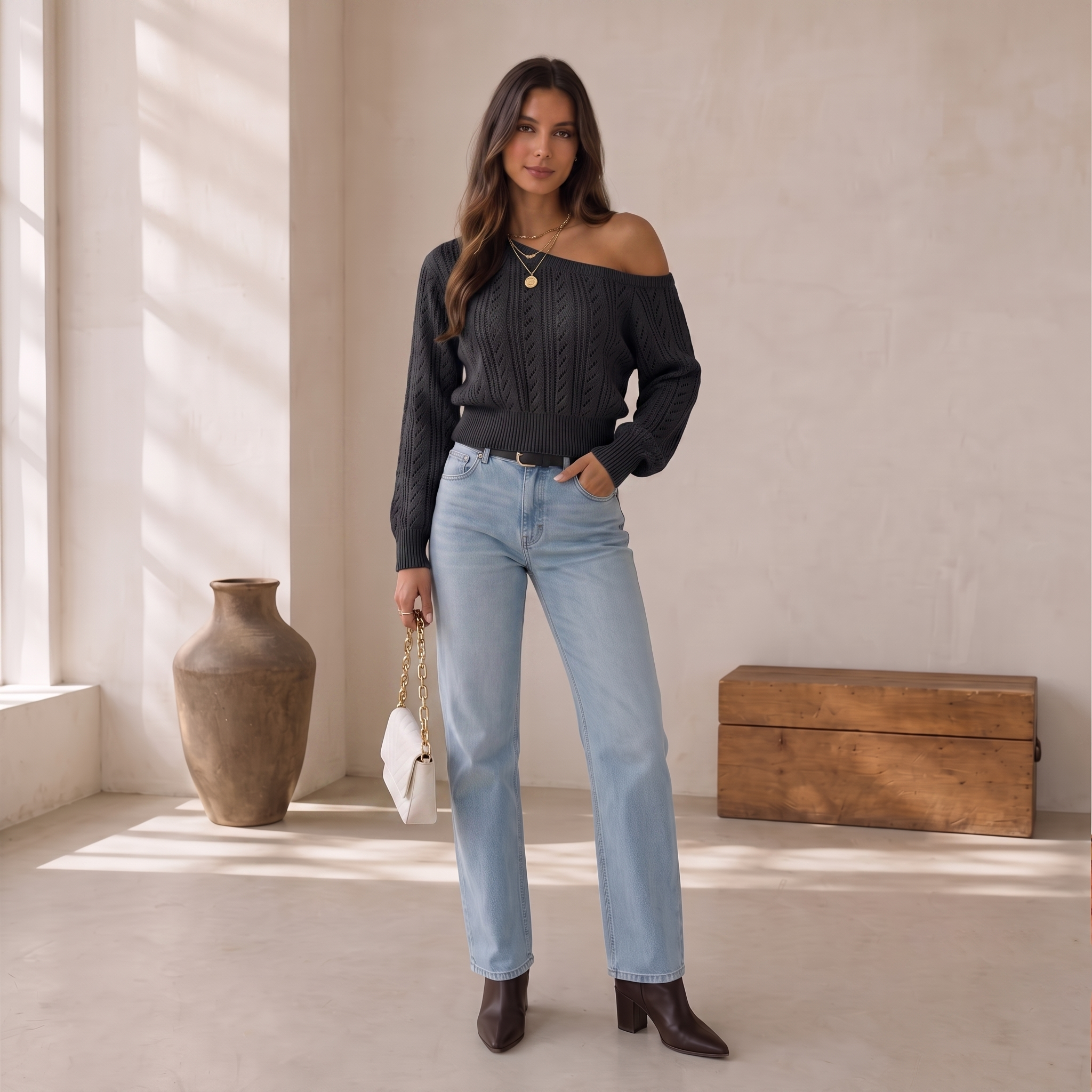 Off-shoulder slim-fit knit sweater with textured cotton-blend fabric