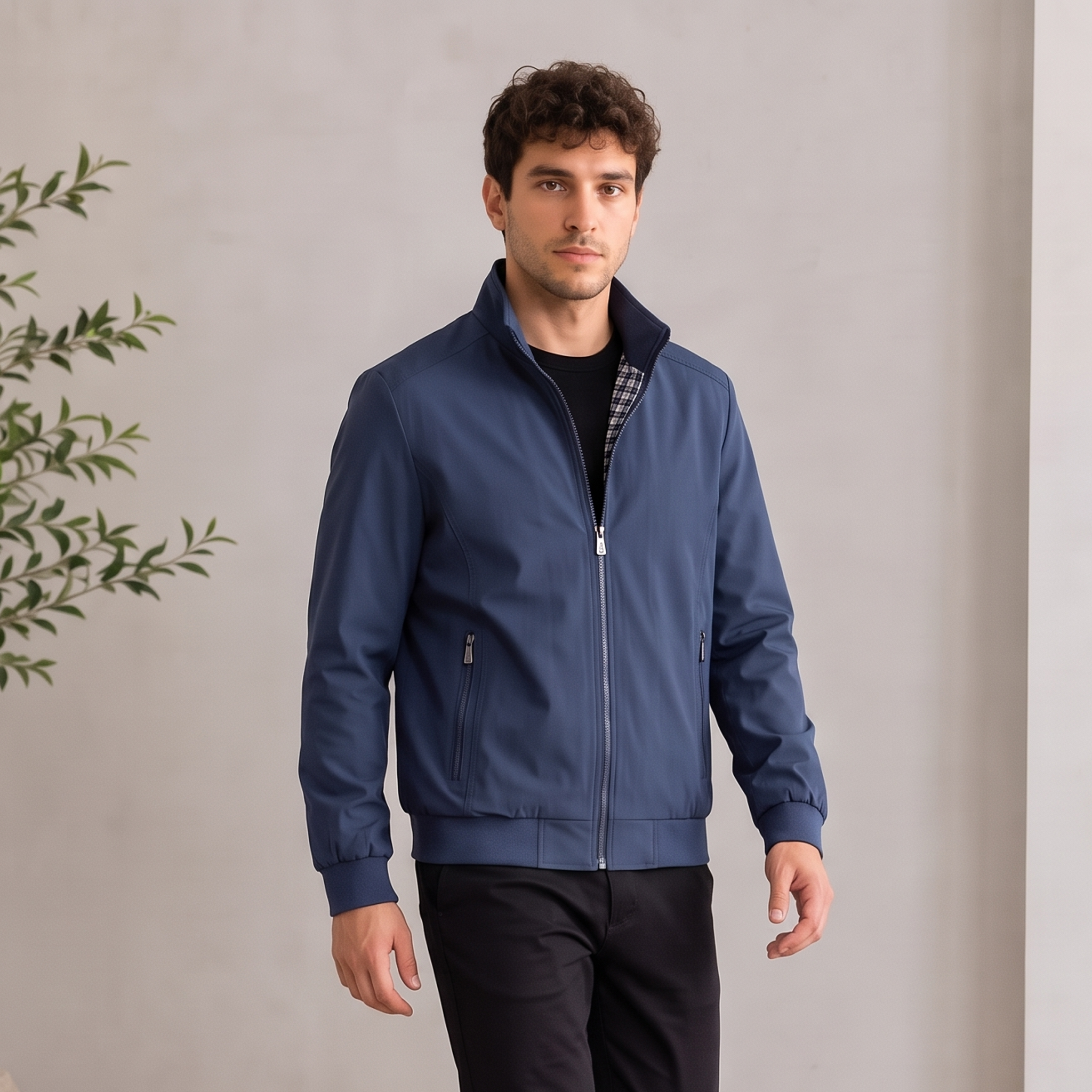 Men's woven zip-up jacket with stand-up collar and side zip pockets