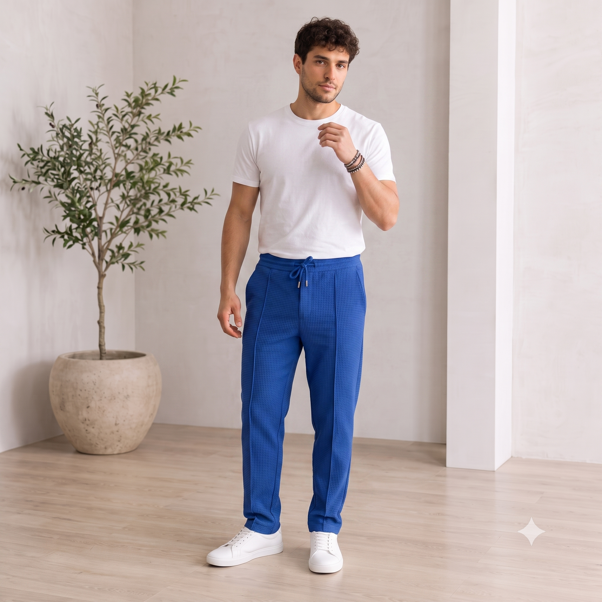Men's textured drawstring trousers with vertical seam detail