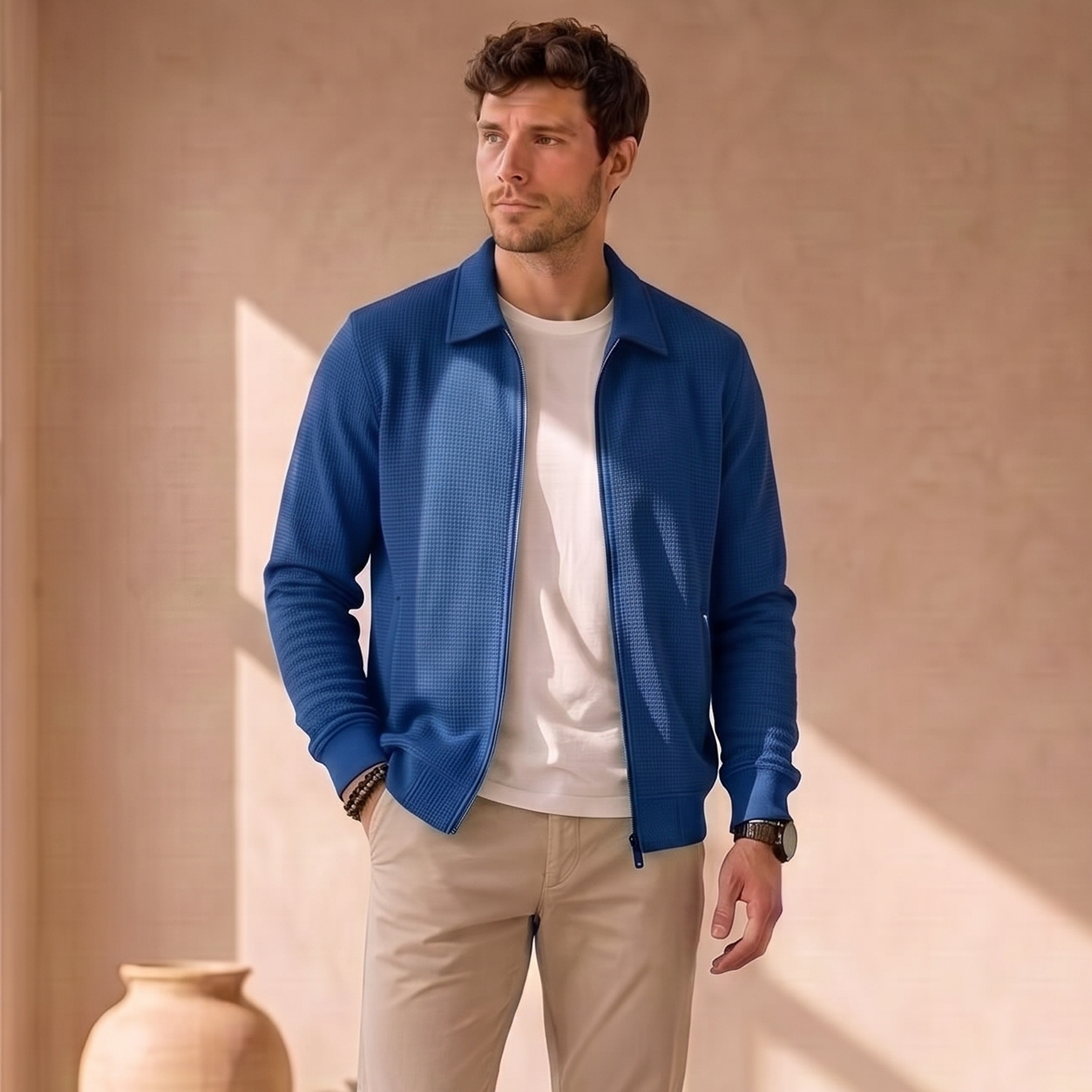 Men's zip-up knitted jacket with structured collar, long sleeves, and ribbed hem