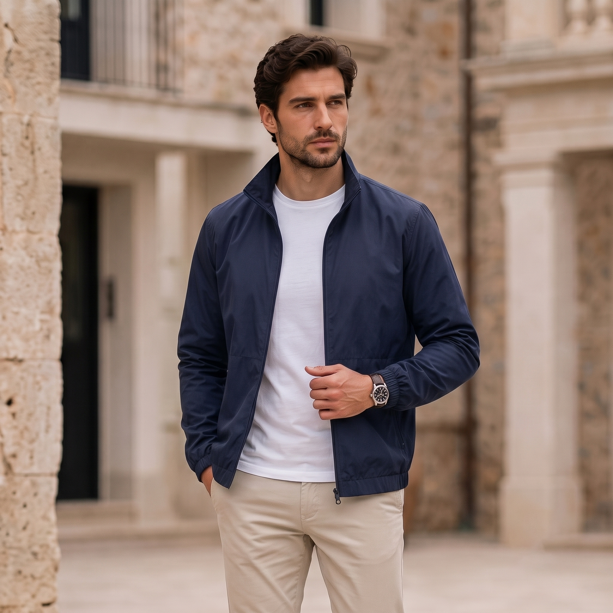 Men's zip-up lightweight jacket with elastic cuffs and side zip pockets