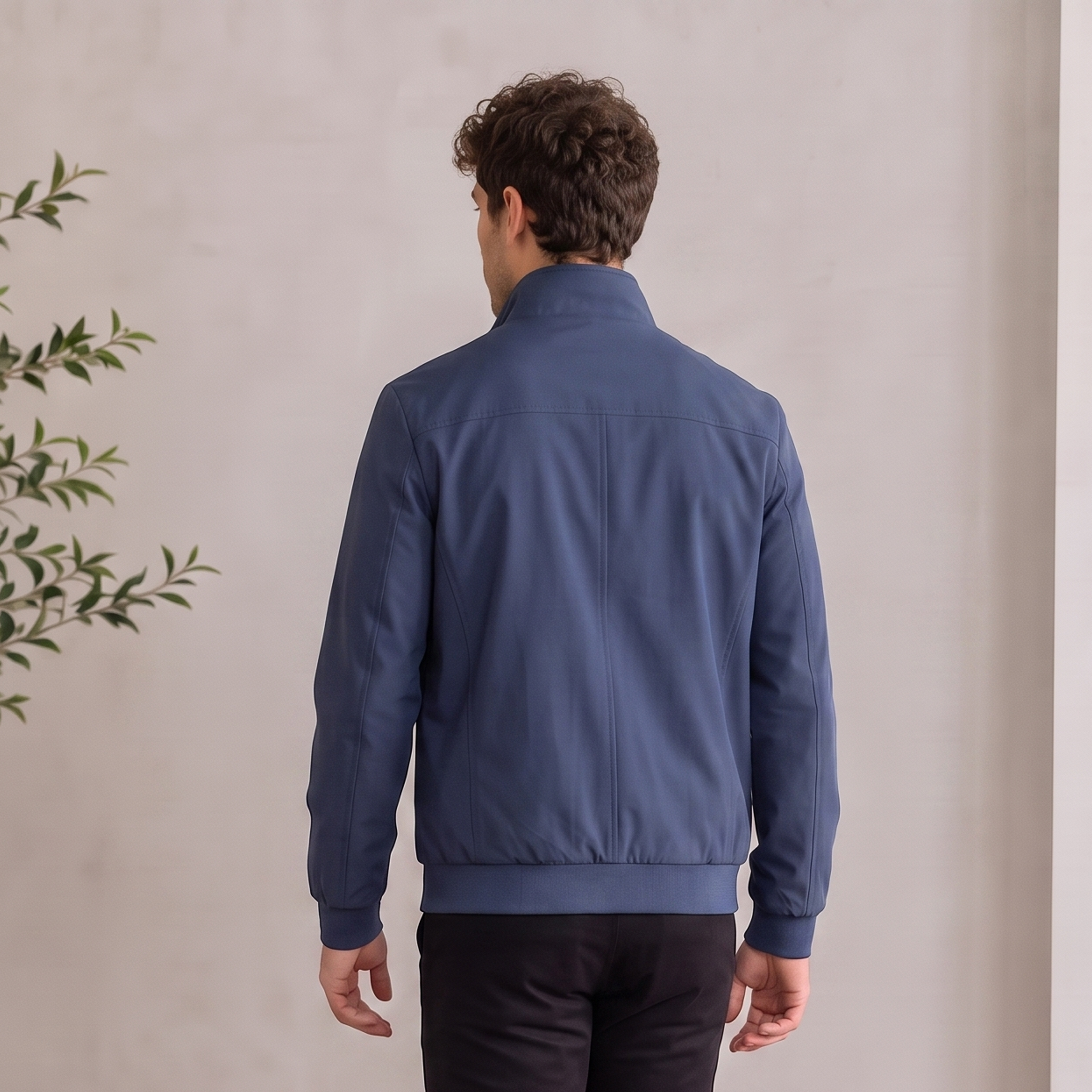 Men's woven jacket with front zipper and structured stand-up collar