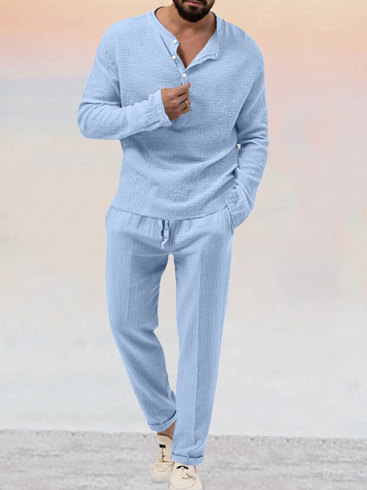 Textured men's lounge set with long-sleeve top and straight-leg drawstring pants, detail close-up