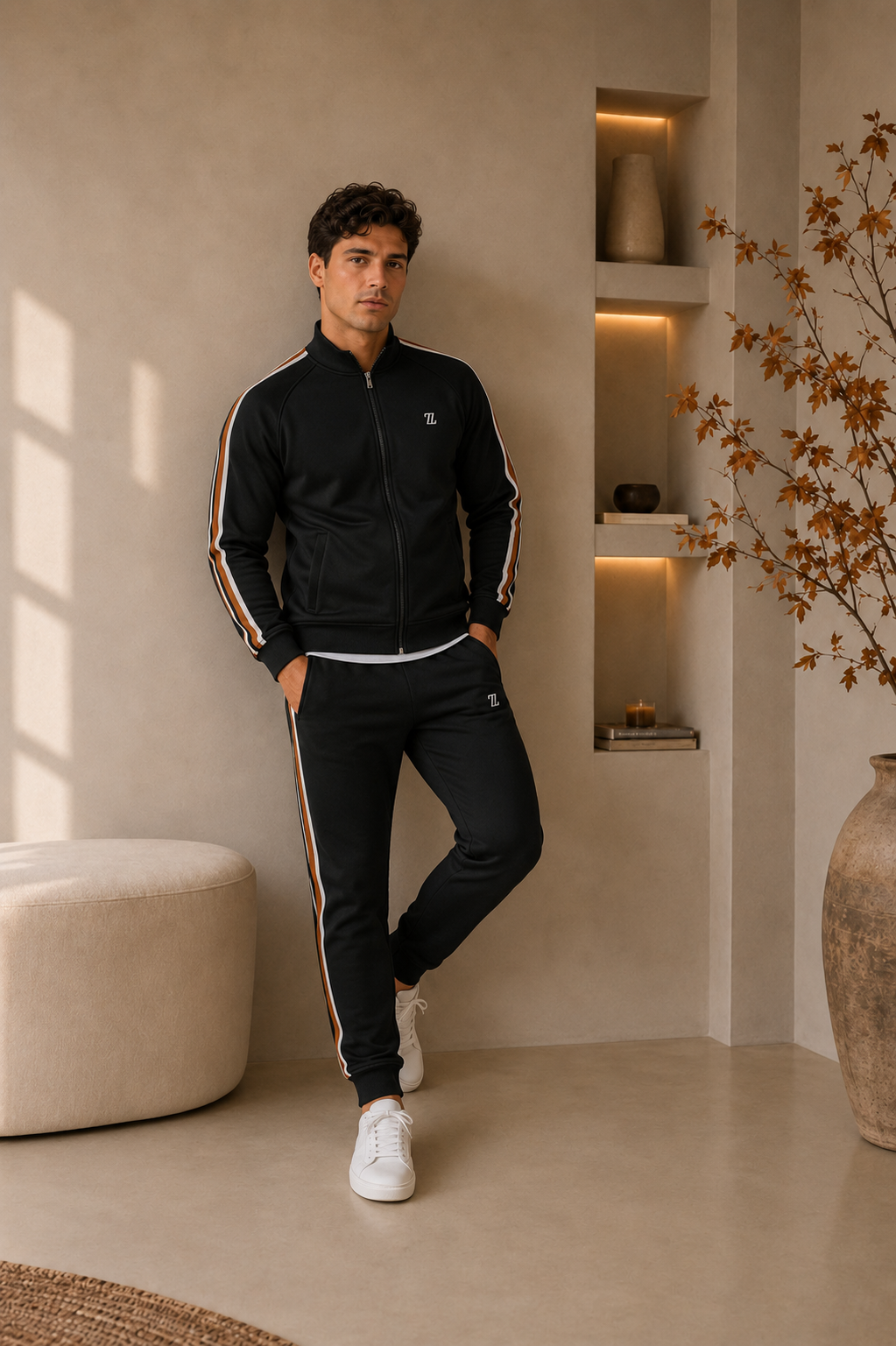 Men's deep black knitted tracksuit set