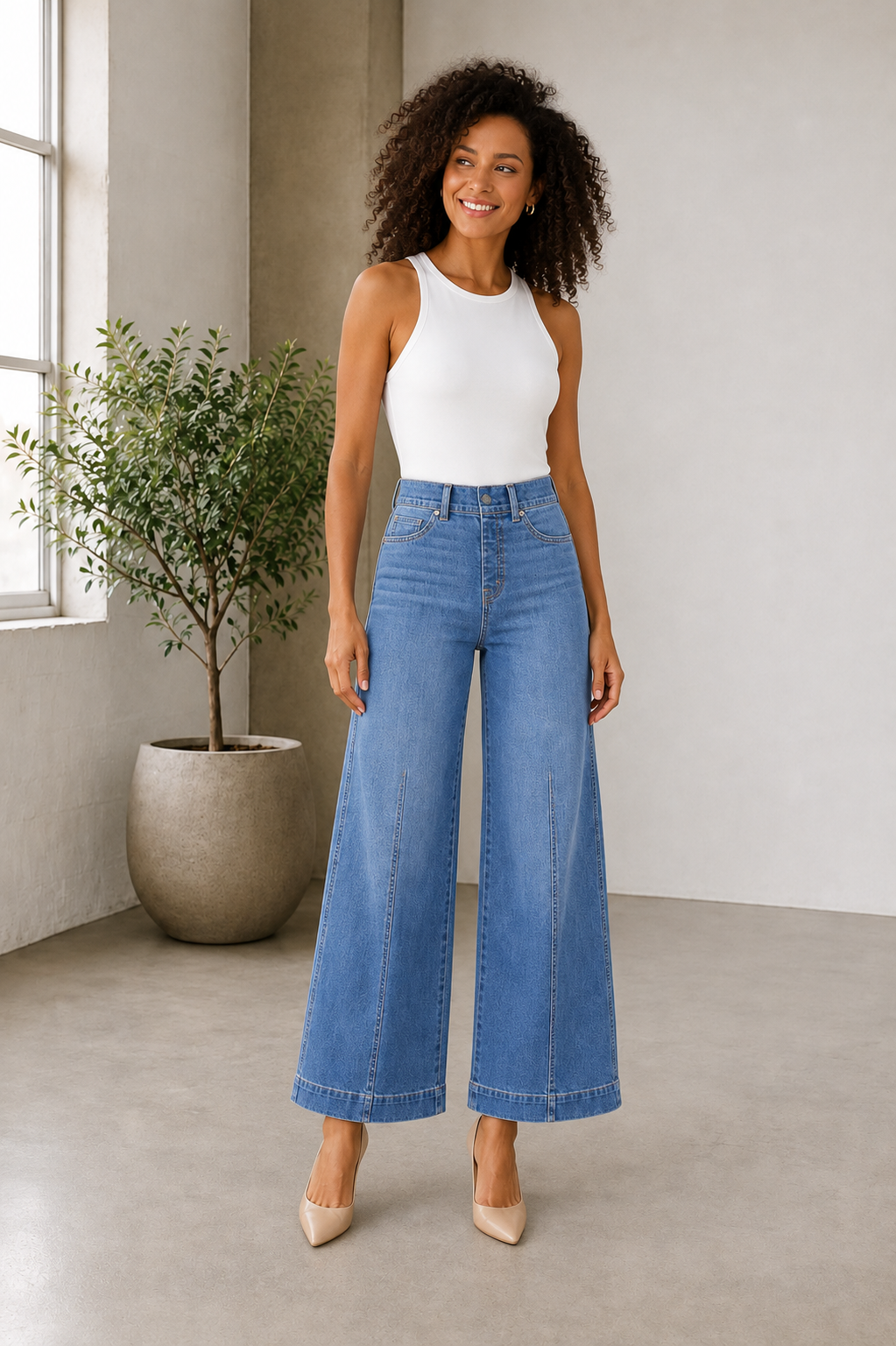 Women's wide-leg denim jeans with high waist and five-pocket design