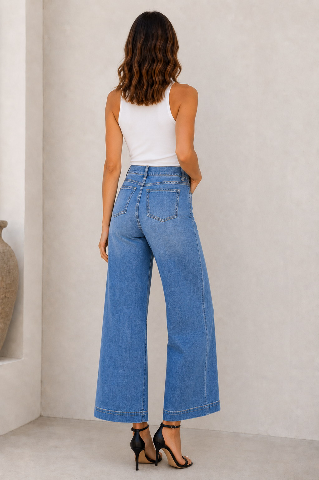 Full-length wide-leg jeans in cotton blend denim for women
