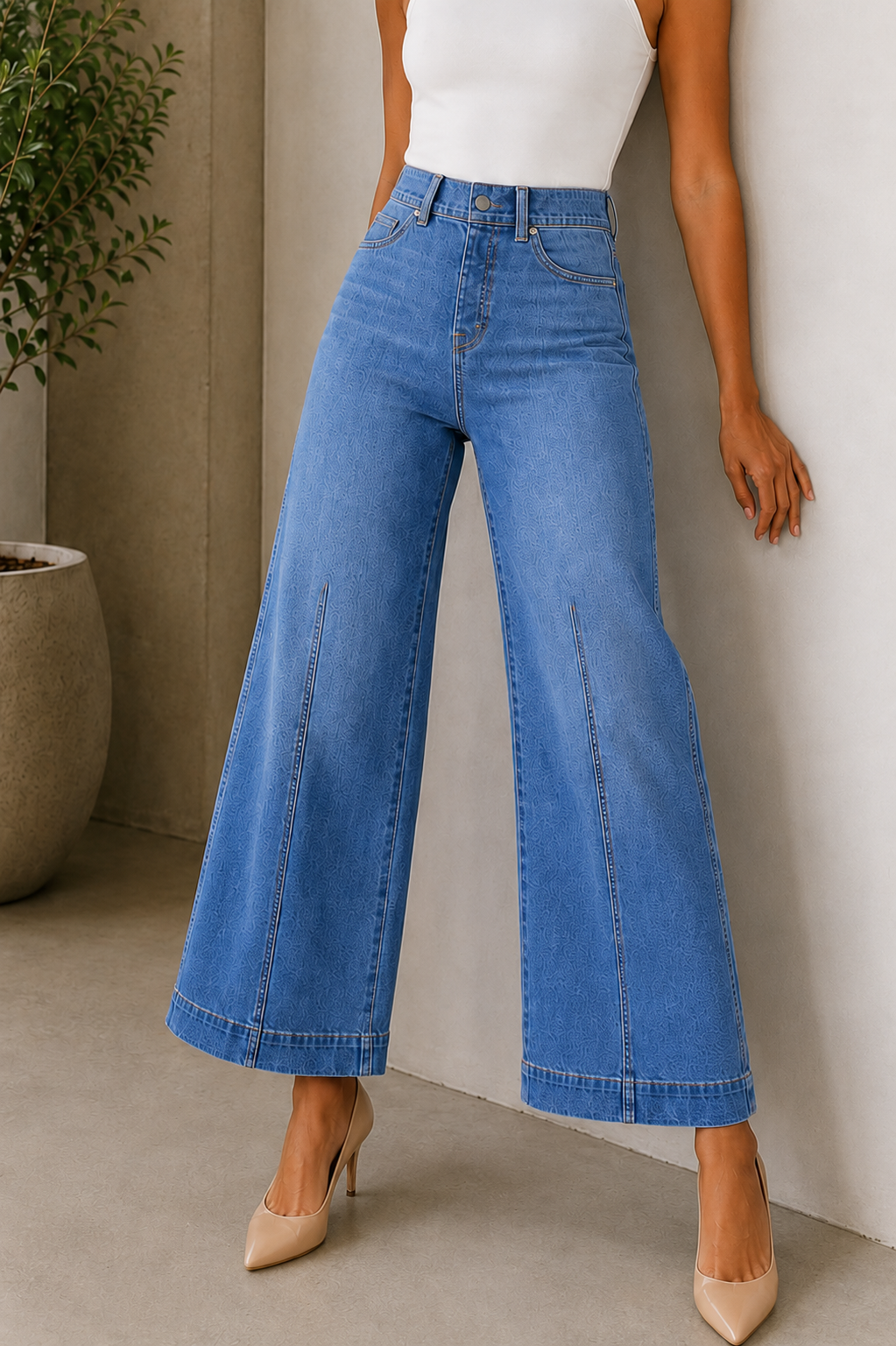 Full-length wide-leg jeans in cotton blend denim for women