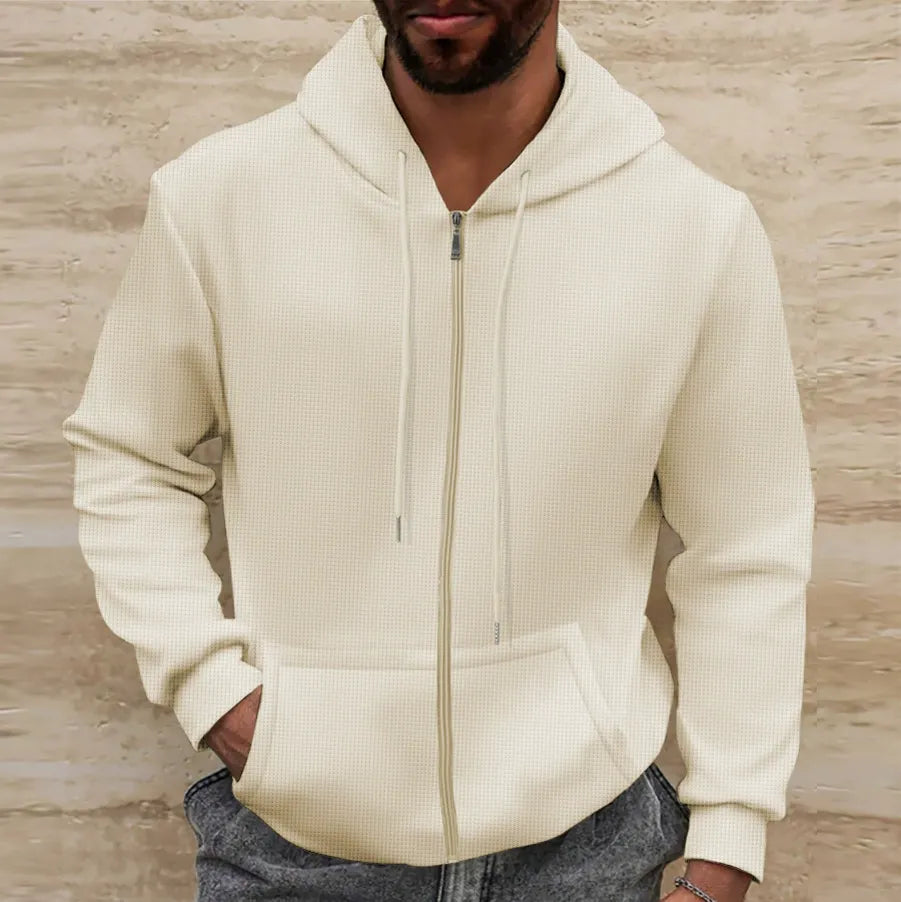 Men's zip-up hoodie laid flat or styled for everyday wear — product detail view