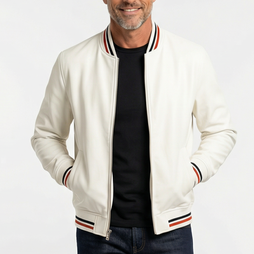 Men's minimalist bomber jacket with ribbed striped collar, cuffs, and hem
