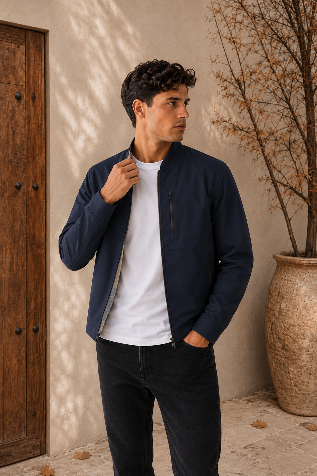 Men's navy softshell jacket front view