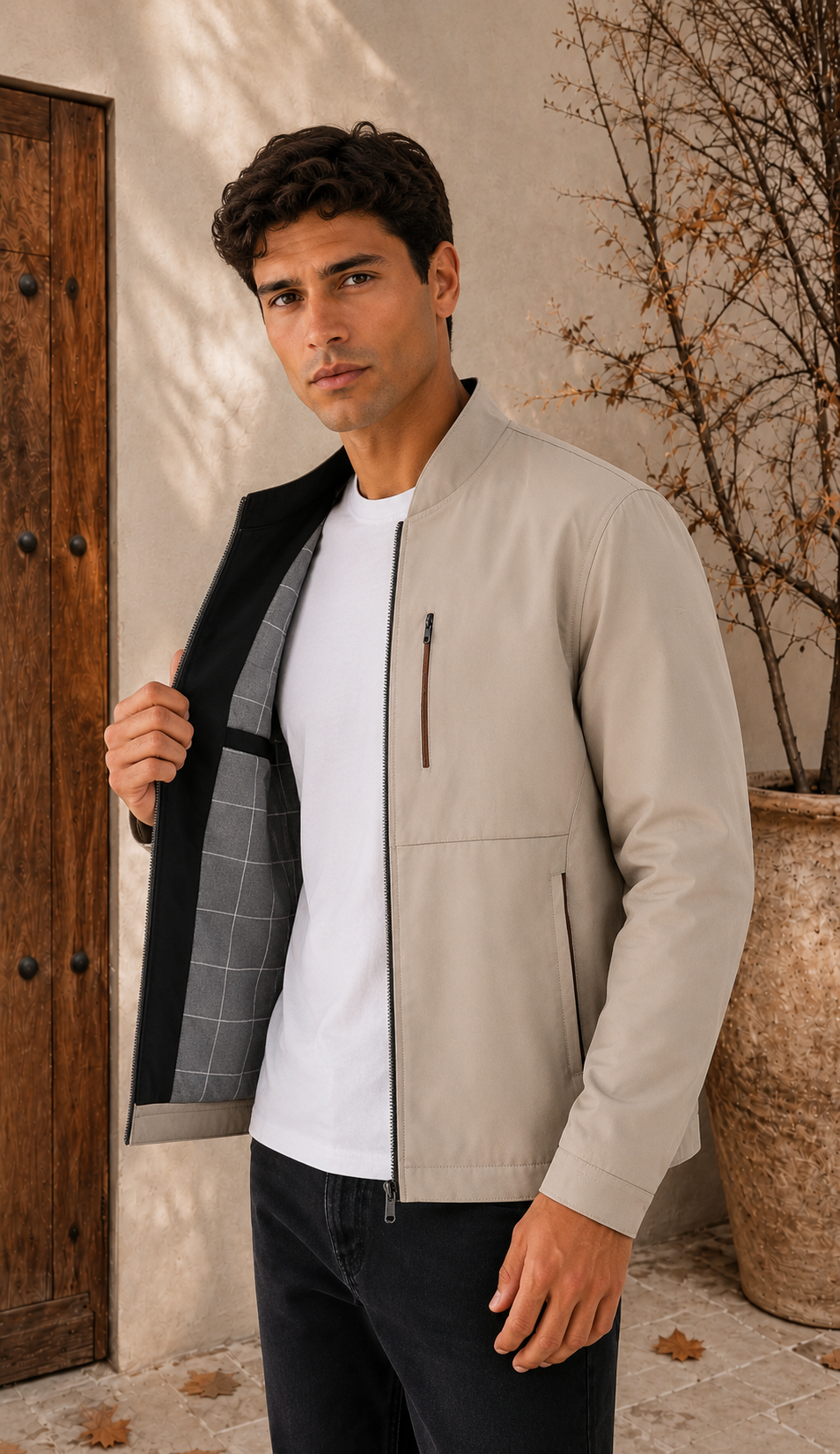 Men's beige softshell jacket front view