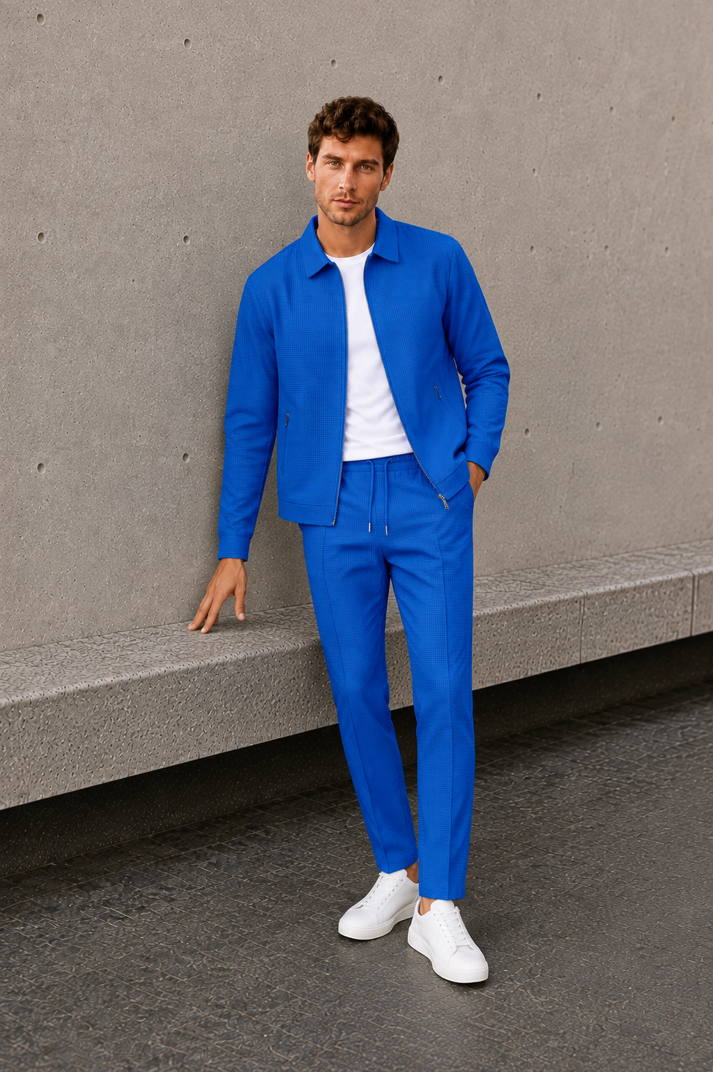 Men's blue two-piece zip jacket and trousers set