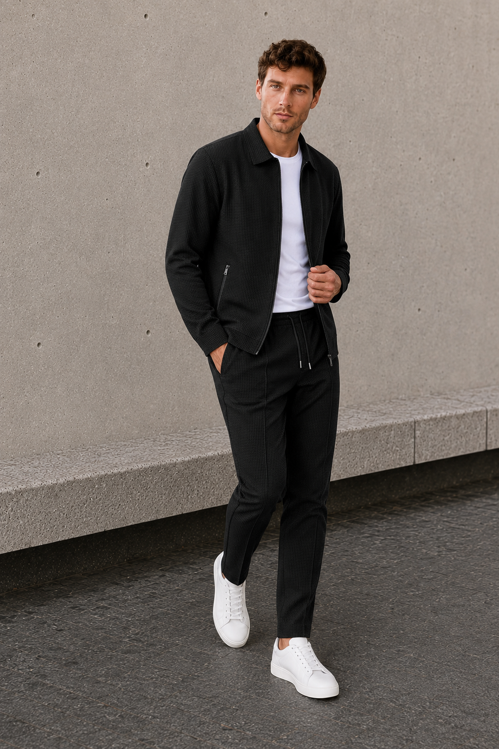 Men's black two-piece zip jacket and trousers set