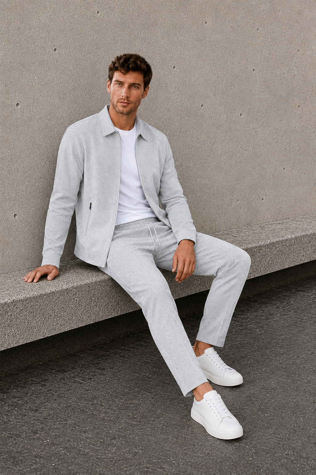 Men's gray two-piece zip jacket and trousers set