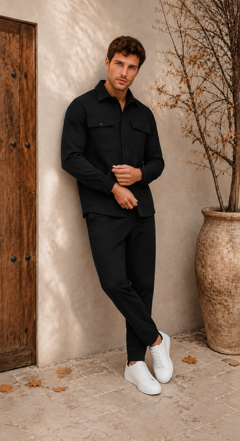 Men's black woven two-piece set front view