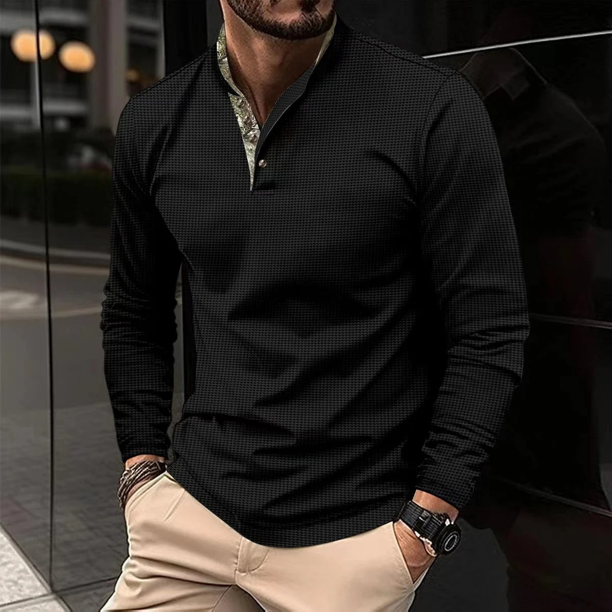 Men's long-sleeve Henley shirt styled for casual everyday wear