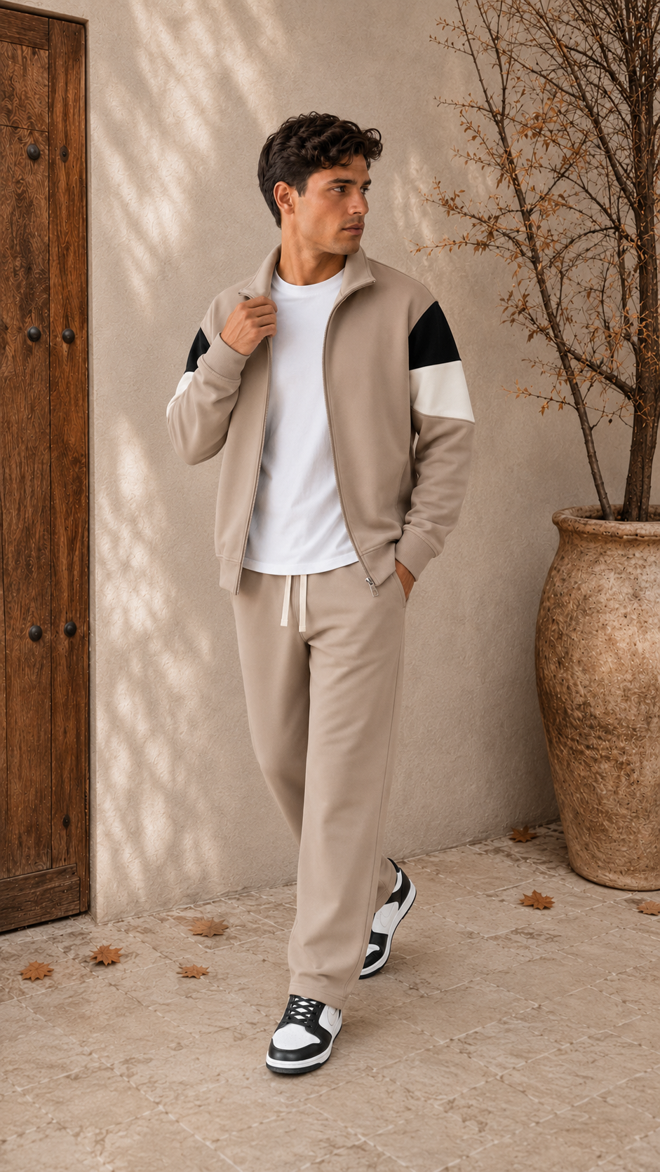 Men's beige color block tracksuit front view