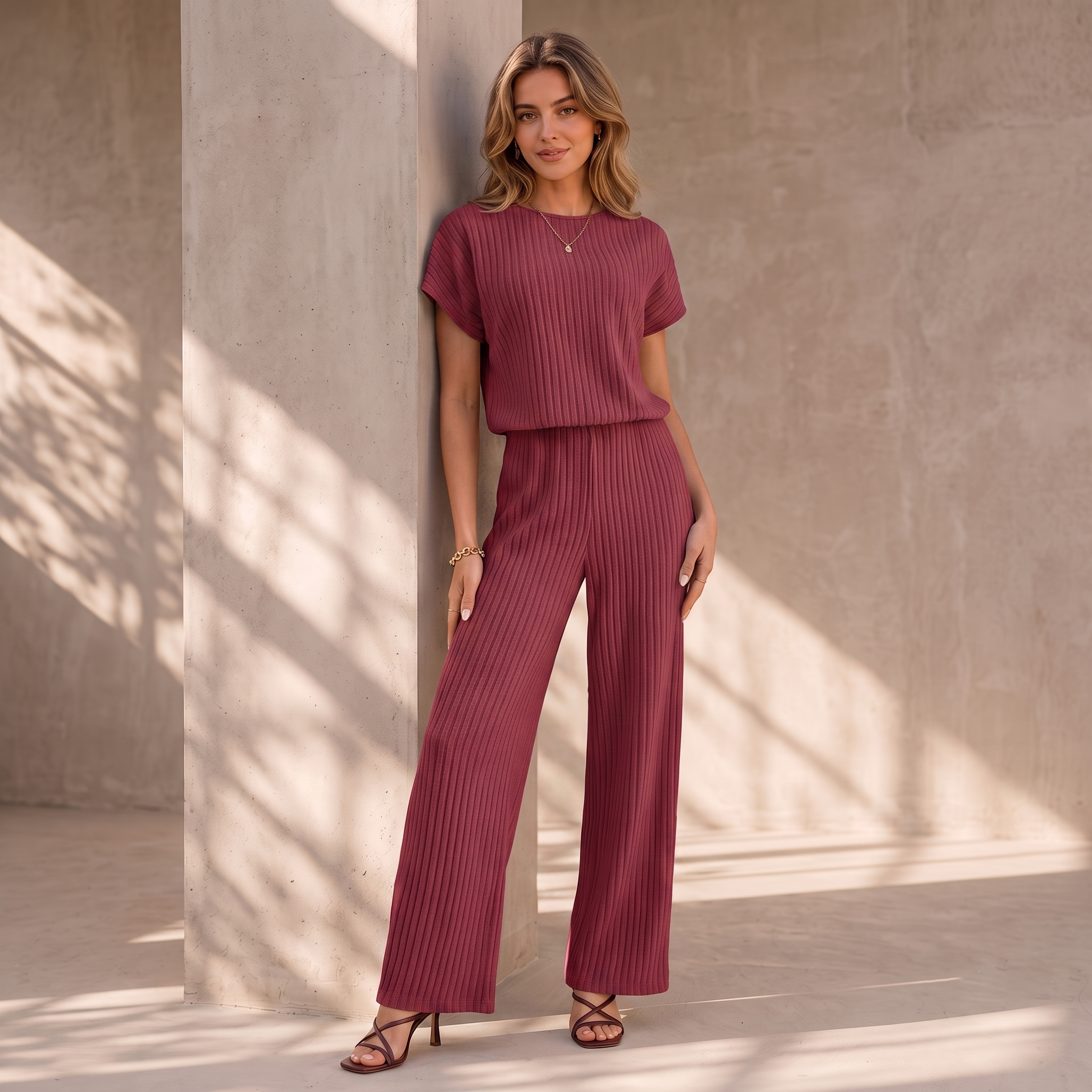 Ribbed Matching Set Wide Leg Women