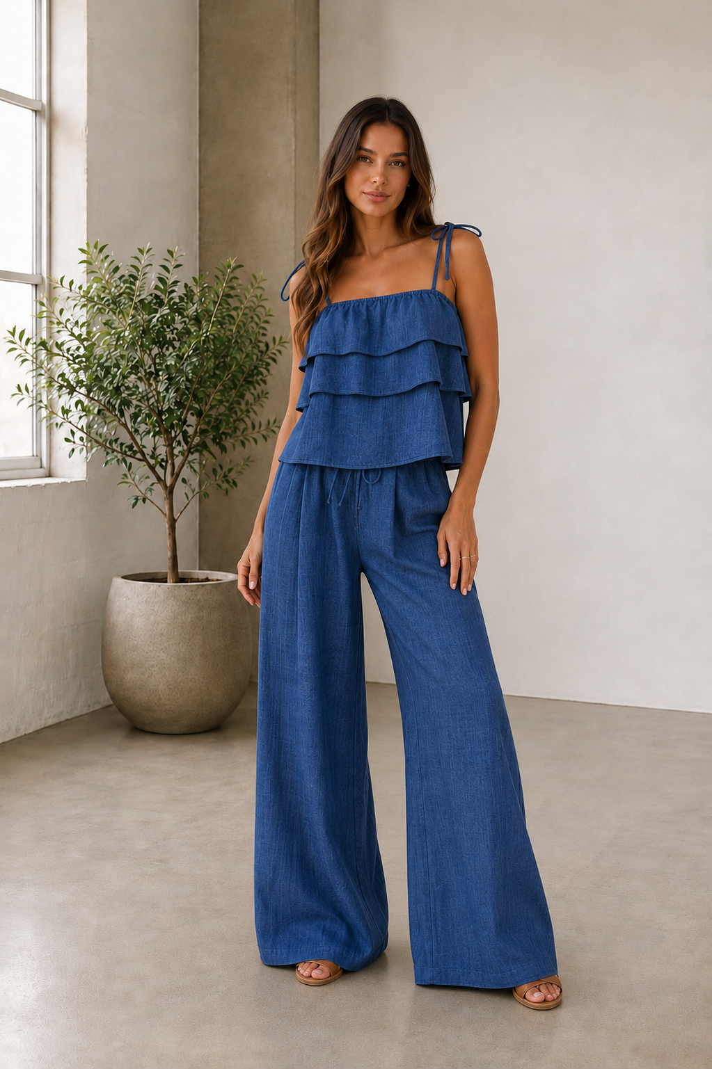 Linen ruffle top and trousers set