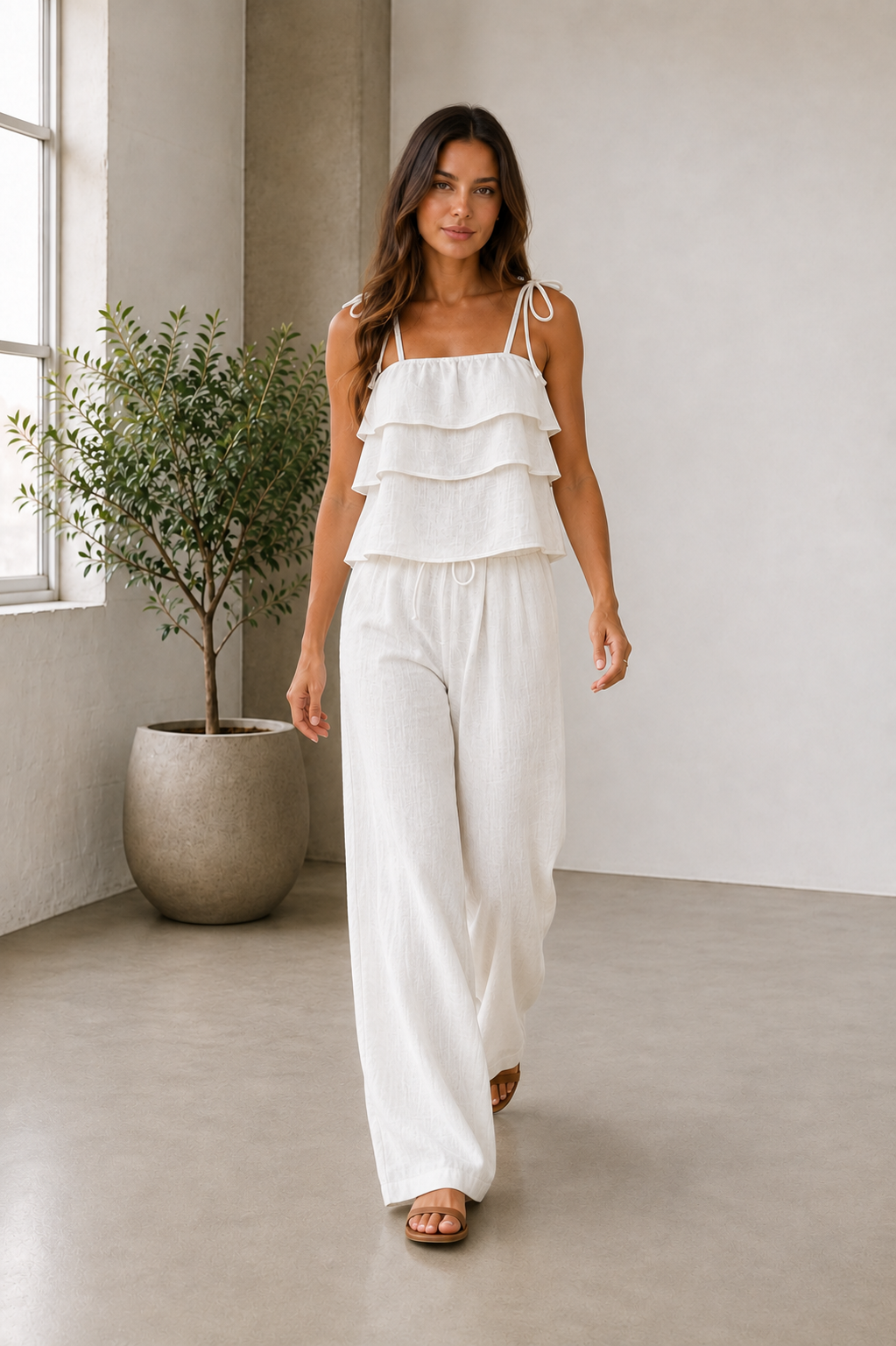 Two piece linen outfit with wide leg trousers