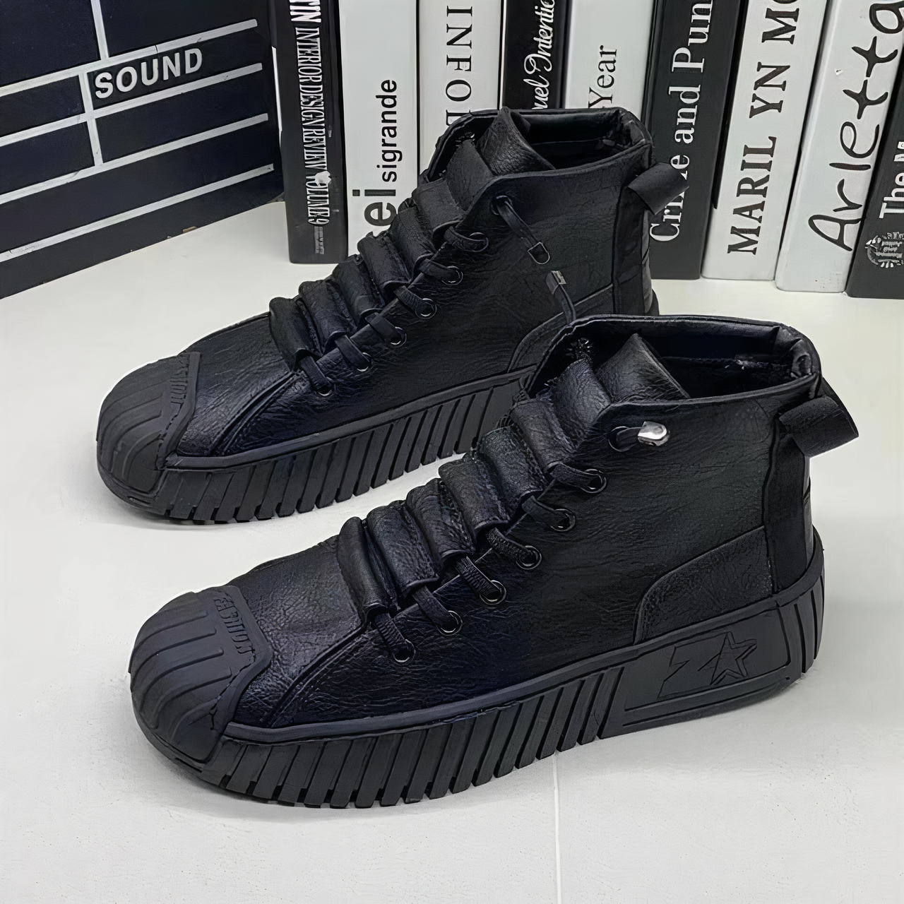 Men's high-top lace-up sneakers with pull tab, padded panels, and structured rubber sole