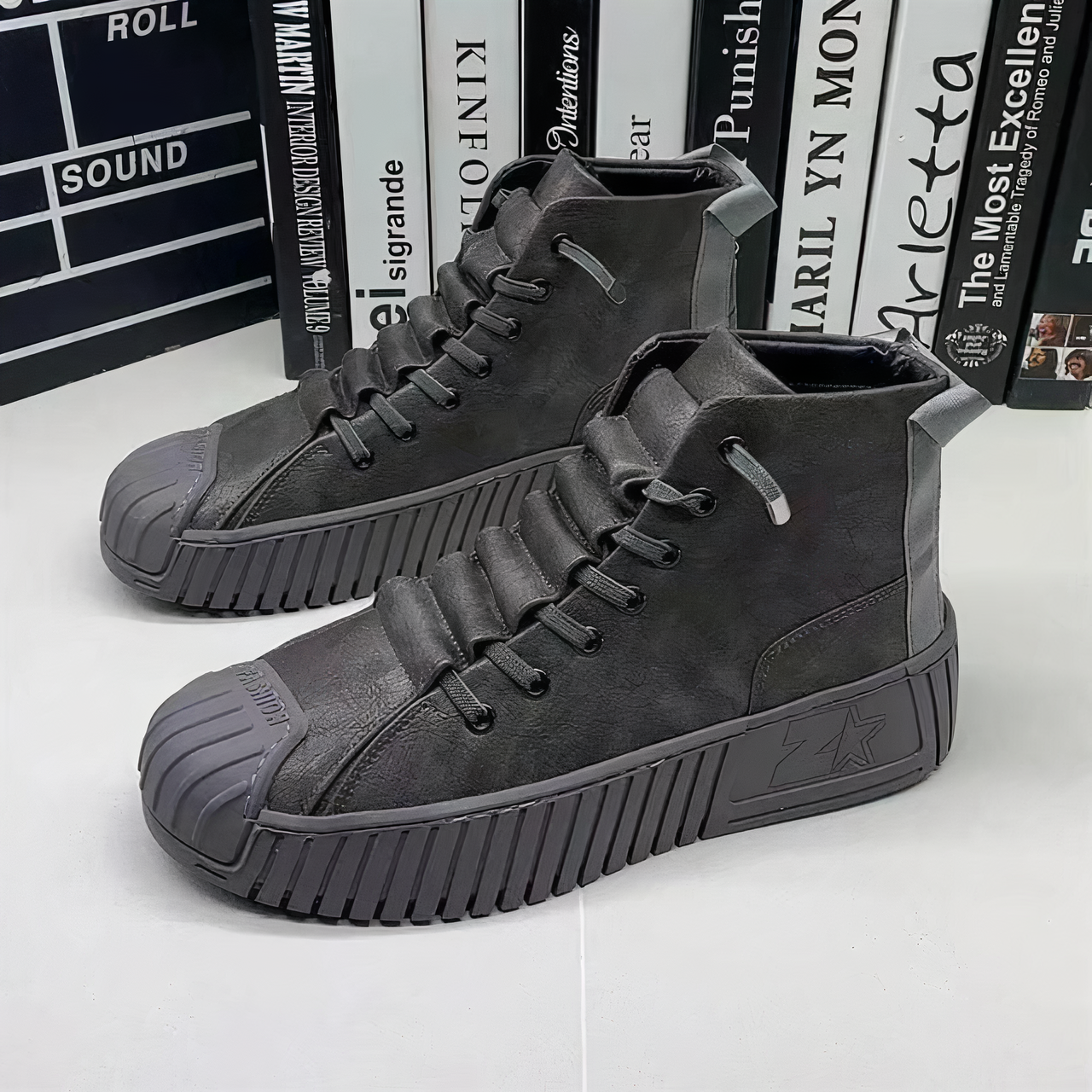 Men's leather-like high-top sneakers with reinforced toe and lace-up closure
