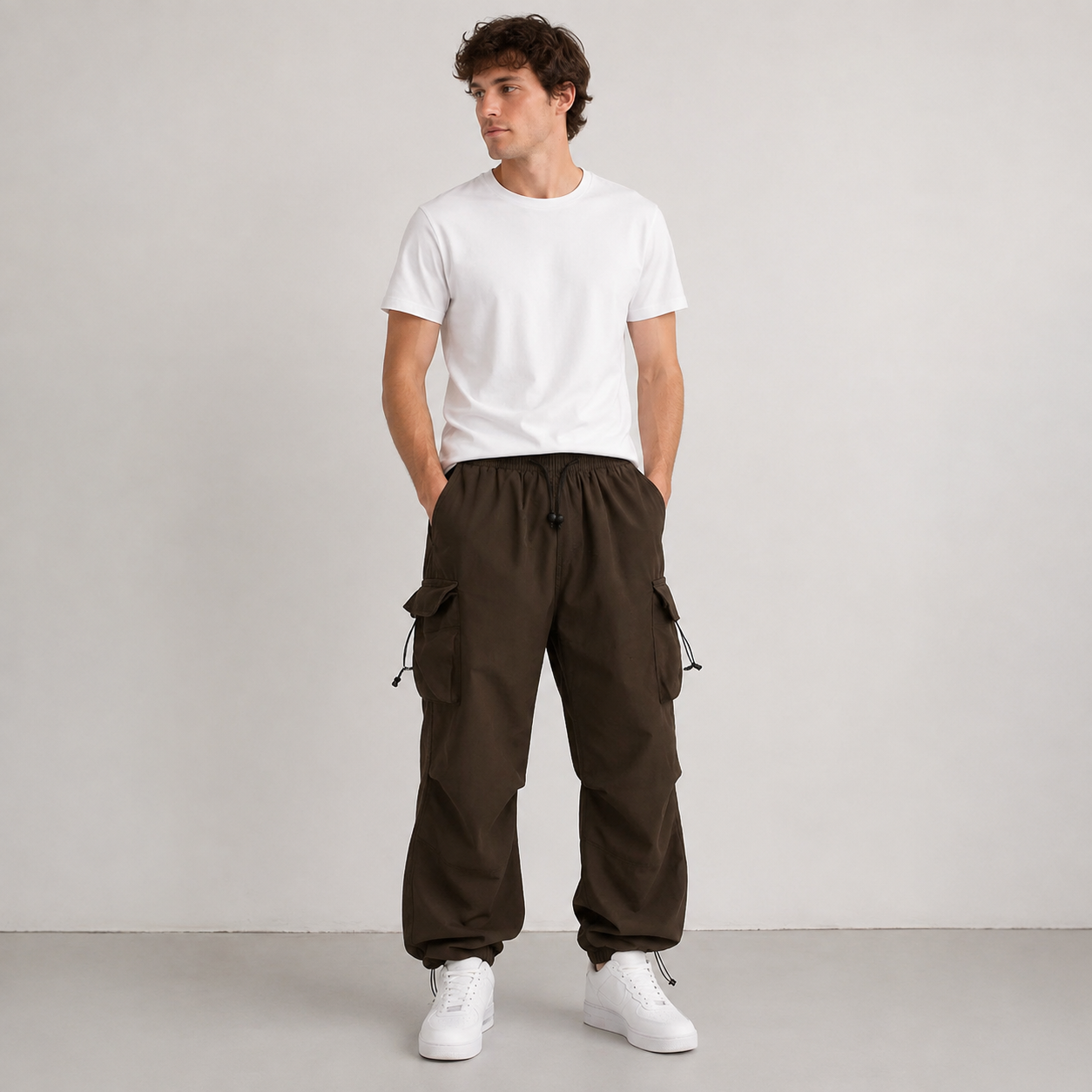 Men's relaxed cargo pants with elastic waist, drawstring, and cargo pockets with flaps
