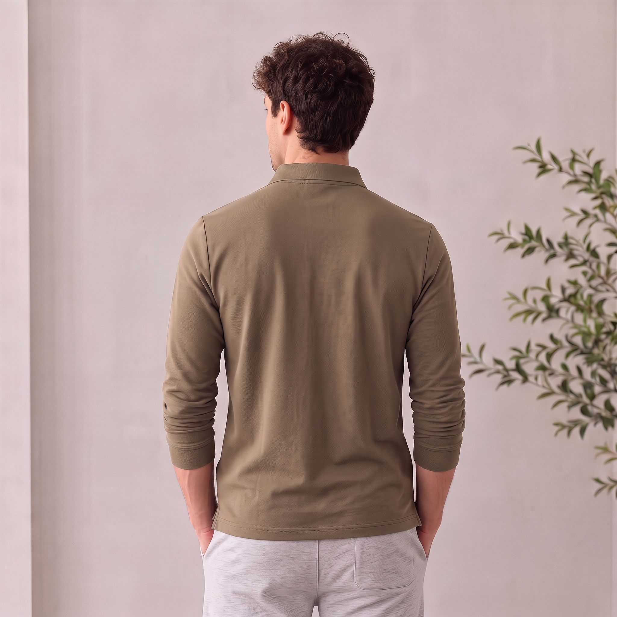 Men's long-sleeve stretch polo shirt with button placket and slim fit
