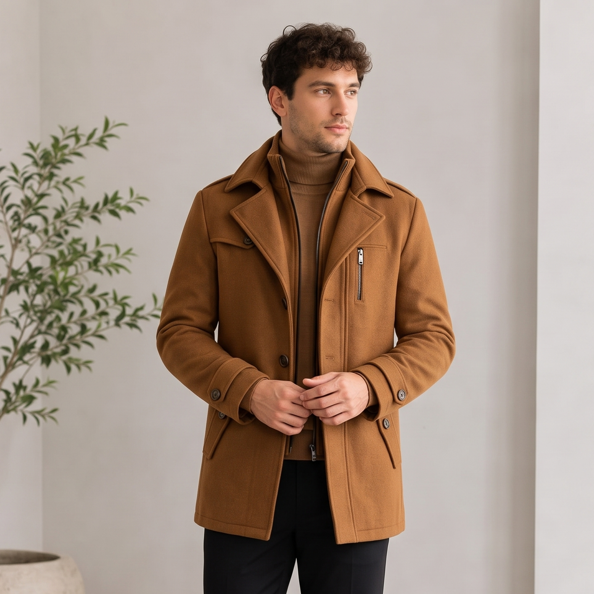 Men's structured wool blend coat with front button closure and stand-up inner collar