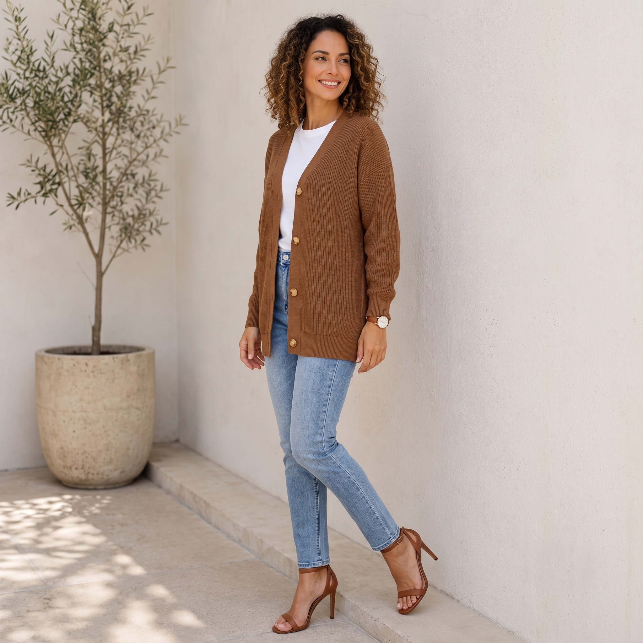 Women's relaxed-fit rib-knit cardigan with V-neck and front button closure